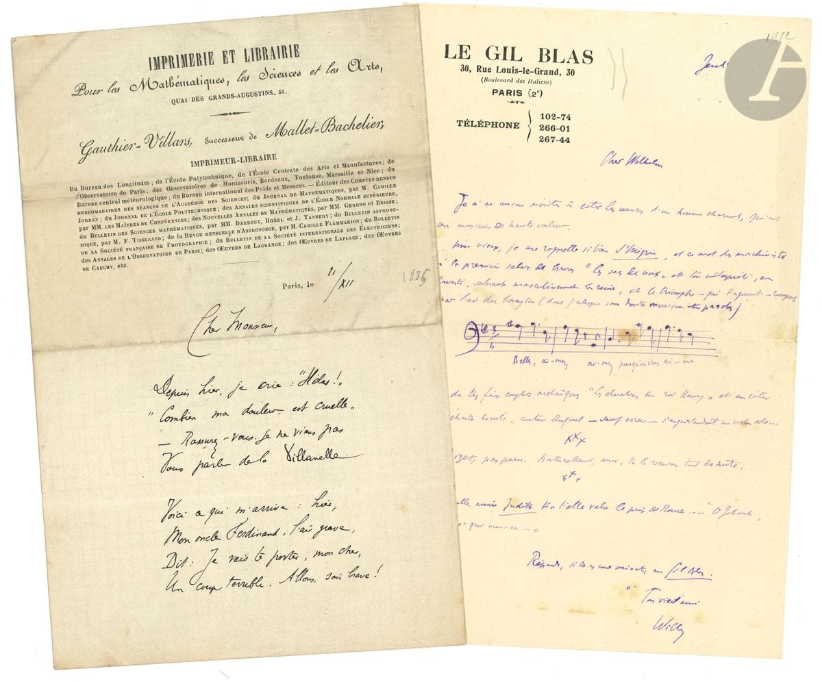 Henry Gauthier-Villars, dit WILLY (1859-1931). 7 L.A.S., [1885]-1922 et s.d., à Paul Hillemacher ; 9 pages in-8 ou in-12, 2 adresses et une enveloppe.


 Correspondance du critique musical au compositeur Paul Hillemacher [(1852-1933) ; il composait avec son frère Lucien (1860-1909)].
 Paris 21/XII [1885]. Amusante épitre en vers (9 quatrains, sur papier à en-tête de l'Imprimerie et Librairie Gauthier-Villars), demandant des places pour son oncle Ferdinand pour la création de l'opéra Saint-Mégrin à la Monnaie de Bruxelles (2 mars 1886), et évoquant (tous les 8 vers) la Villanelle (probablement un poème de Willy à mettre en musique) : " Depuis hier, je crie : " Hélas ! / Combien ma douleur est cruelle" / Rassurez-vous je ne viens pas / Vous parler de la Villanelle "... - [22.XII.1901], au sujet de son poème Arlequin : " je ferai toutes les corrections que vous désirerez "... - Londres [1908 ?]. Il est chargé d'une étude sur Bizet, et sollicite son ami : " je serais bien heureux de trouver, dans ta carnassière, cet oiseau rare qui me fuit - l'inédit ! "... - Jeudi. Il se rappelle très bien le triomphe de la création de Saint-Mégrin, dont il cite (ligne de musique) l'air du baryton : " Belles, aimez "... ainsi que de " fins couplets archaïques "... - Monte-Carlo 7 juin 1922 : " Parmi les noms des compositeurs que va représenter l'Opéra-Comique, je lis celui du fumiste Darius Milhaud, dont j me promets de ne jamais entendre la Brebis égarée, et celui de Paul Hillemacher dont, au contraire, le Fra Angelico m'attire et m'intéresse fort. Quelques "tuyaux" s.v.p. "... Etc.