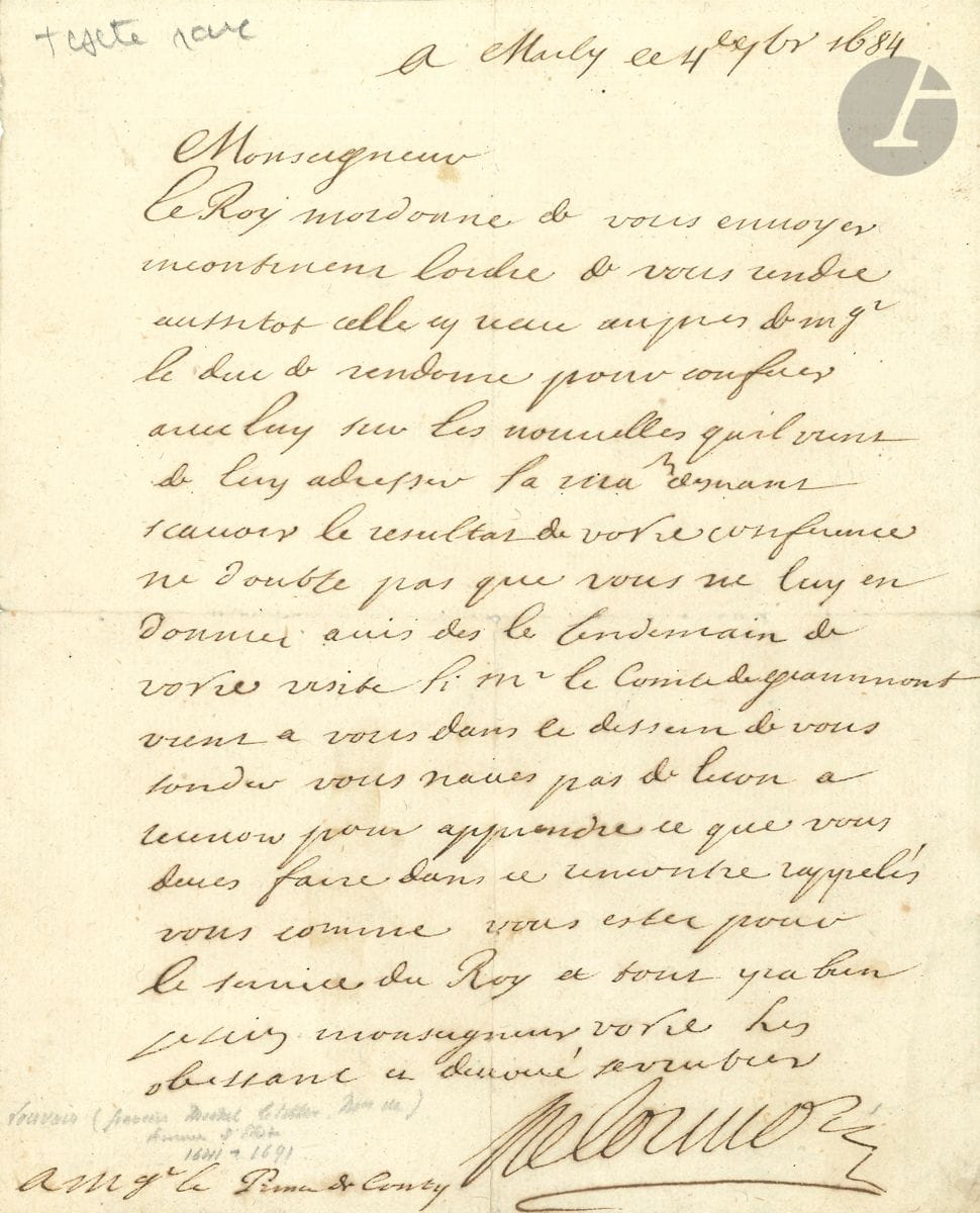 Michel Le Tellier, marquis de LOUVOIS (1641-1691) secrétaire d'État à la Guerre, réorganisateur de l'armée française. 2 L.S. et 2 P.S., 1673-1690 ; 1 page in-fol. et 3 pages in-4.


 Versailles 25 juin 1681, à M. de la Fitte, au sujet d'une " demeslé " survenu à Guise entre les S. de Pessade et Saint-Simon, lieutenants dans le bataillon de Cabassole au rég. de Picardie. - Marly 4 septembre 1684, au prince de Conti, à qui le Roi ordonne de rejoindre le duc de Vendôme.
 Nancy 9 septembre 1673, et Versailles 28 mars 1690, envoi de soldats aux Invalides.