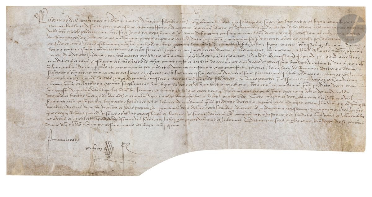 LOUIS XII (1462-1515). Charte en son nom, Paris 6 septembre 1504 ; vélin oblong in-fol. ; en latin.


 Charte concernant les droits sur la forêt de Bouconne, et les réclamations du comte de L'Isle-Jourdain, passant, après la mort du duc de Nemours, à Charles de Rohan comte de Guise et son épouse Charlotte d'Armagnac.