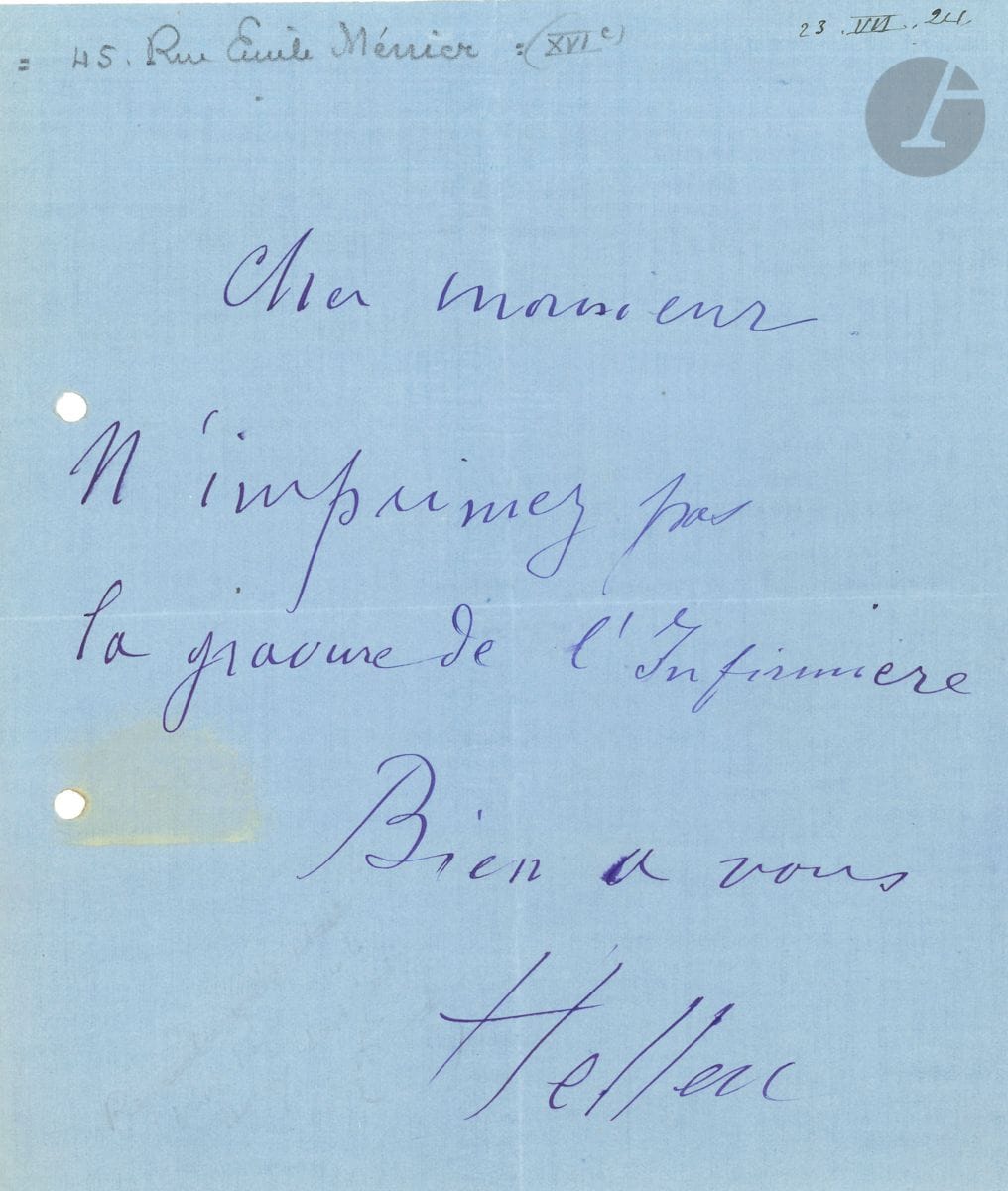 Paul HELLEU (1859-1927). L.A.S., [23 juillet 1924], à un imprimeur ; 1 page petit in-4.


 " N'imprimez pas la gravure de l'Infirmière "...