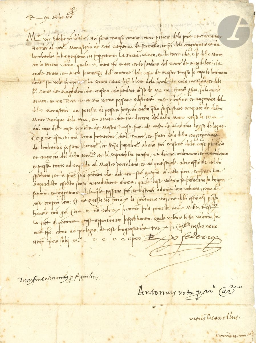 FEDERICO I (1451-1504) Roi de Naples, dernier de la dynastie d'Aragon. L.S. " Rex Federigo ", Naples Castel Nuovo 1er juillet 1501, à son conseiller Nicolo Franci ; contresignée par 3 chanceliers ; 1 page in-fol., adresse (fentes au feuillet d'adresse) ; en italien.


 Rare lettre au sujet de l'église napolitaine Santa Caterina a Formiello.
 Il a concédé à perpétuité le monastère de " Scta Catherina de Formello " aux frères de la congrégation de Lombardie (" congregatione de Lombardia "), avec la rue, le mur et la tour. Il indique les travaux à faire pour la construction de la " strata nova " et le " lavinaro ", et pour l'agrandissement que doivent effectuer le prieur et les frères pour agrandir leur monsatère, avec le terrain vacant touchant le jardin du comte de Magdaloni, et les maisons de " Mastro Russo " et de " Madama Loysa de Lagno ". Il confie ces travaux au " Mastro Portulano "...