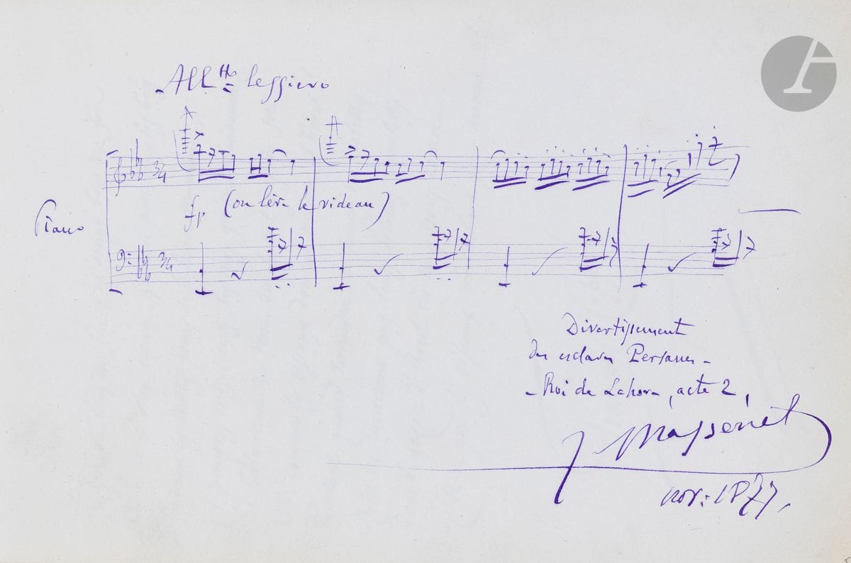 ALBUM AMICORUM. Album de dessins, poèmes, pensées et musiques autographes signés, 1877-1882 ; album oblong in-8 de 70 feuillets (le reste vierge), reliure maroquin tête de nègre, cadre de filets à froid sur les plats, avec le nom CÉCILE en lettres dorées sur le plat sup., tranches dorées.


 Dessins par Bertall (jeune femme penchée sur un nid d'amours), Léon Bonnat (ange enlevant un martyr), Michel Bouquet (marine), Carolus Duran (l'assassin Bistor et Anna Perrin en Cour d'assises, 12 mai 1882), Guillaume Dubufe (Santa Cecilia), Edmond Dupain (2 : le Girondin Buzot dévoré par un loup, et " Sur les rochers "), Alexandre Falguière (Salomé), Hector Giacomelli (aquarelle : oiseaux), Louise Heger (paysage), Louis-Eugène Lambert (aquarelle : chat), Madeleine Lemaire (aquarelle : roses), Louis Olivié (sanguine : bébés), Giuseppe Palizzi (âne dans une basse-cour), Henri Schlesinger (Bretonnes au bord de la mer), Alfred Stevens (" La Parisienne mélange d'anémie et d'exaltation "), J. Westwood (château au bord de la mer), etc.
 Musiques par Gaetano Braga (Serenata polacca), Charles Gounod (Amen avec une pensée), Ernest Guiraud (air de Piccolino), Jules Massenet (" Divertissement des esclaves Persans ", Roi de Lahore, acte 2).
 Poèmes par Émile Augier, Louise Ackermann, Théodore de Banville (Le Vallon), Henri de Bornier, Michel Bouquet, François Coppée, Cuvillier-Fleury, Paul Déroulède, Émile Deschanel, Camille Doucet, Eugène Manuel, Xavier Marmier (La source, traduit du suédois), Eugène Muller, Jean Richepin (Ballade pour les pauvres petits Pierrots), Georges Rodenbach (Le coffret), Edmond Rousse, André Theuriet, Gaston Tissandier, René Vallery-Radot, J. Westwood...
 Pensées et proses par Édouard Allou, Jules Barbey d'Aurevilly (" Aux yeux inconnus ! "), Paul Casimir-Périer, Jules Claretie, Alexandre Dumas fils, Octave Feuillet, Adophe Franck, Edmond Gondinet, Guillaume Guizot, Édouard Laboulaye, Ernest Legouvé, Jules Levallois, Adolphe Mézières, Désiré Nisard, Camille Perier, Jules Sandeau, un " ambassadeur du Foutah Djallon "...