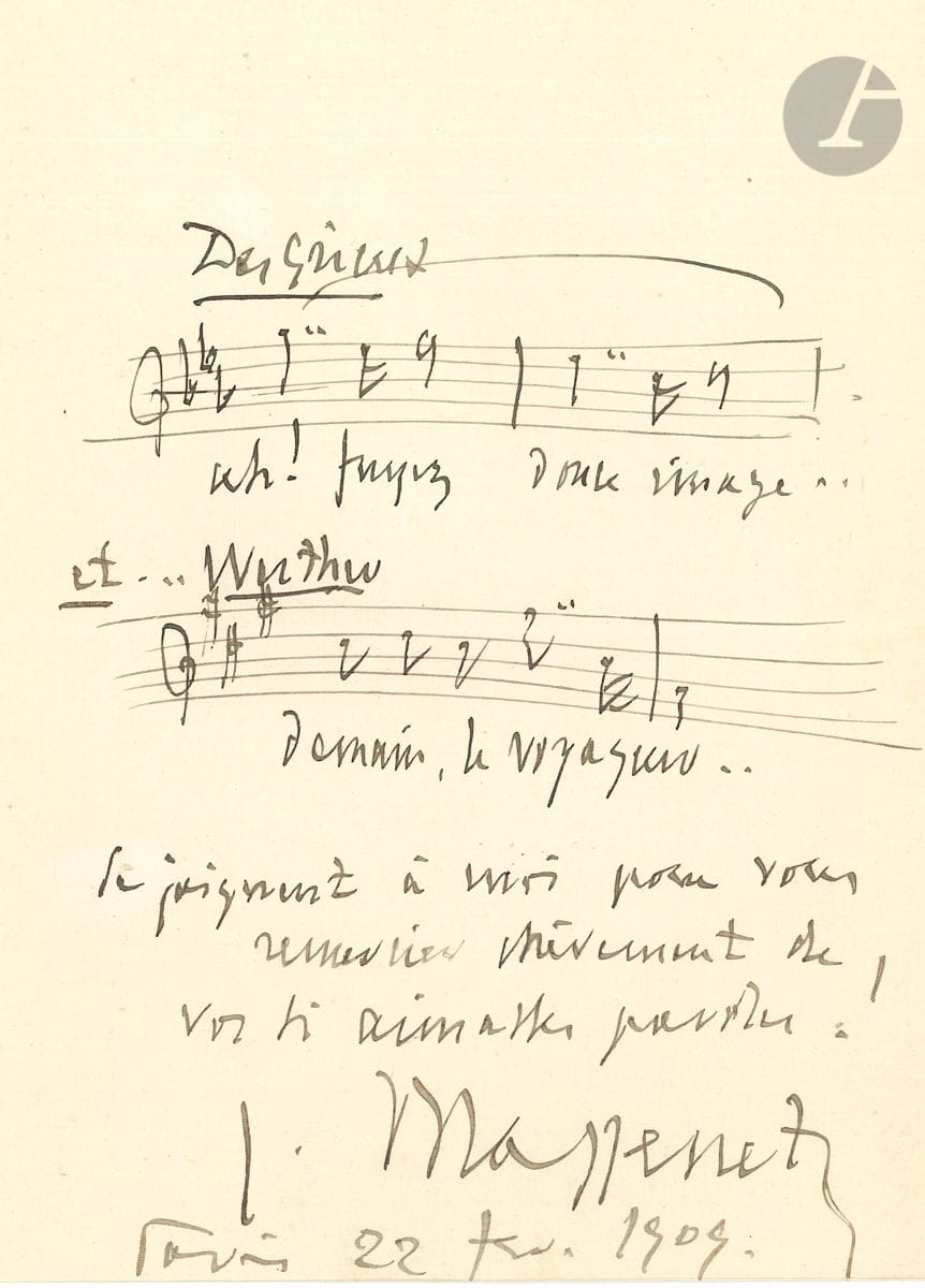 Jules MASSENET (1842-1912). L.A.S. avec musique, Paris 22 février 1909 ; 1 page in-8.


 Jolie lettre avec 2 citations musicales extraites de Manon : " Ah ! fuyez douce image ", et de Werther : " demain le voyageur ".