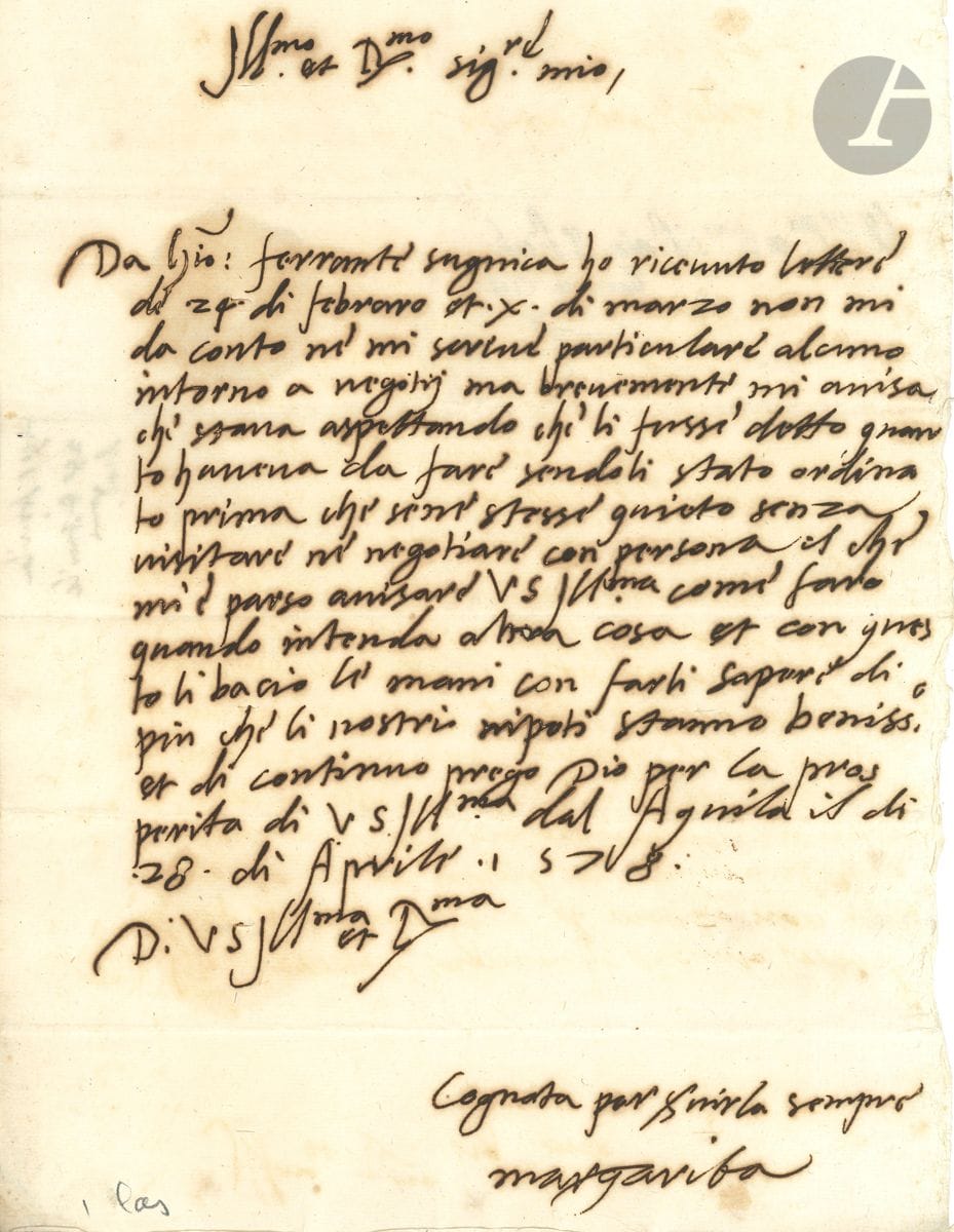 MARGUERITE D'AUTRICHE (1522-1586) fille naturelle de Charles Quint, duchesse de Parme, gouvernante des Pays-Bas espagnols pour son demi-frère Philippe II. L.A.S., L'Aquila 28 avril 1578, au cardinal Farnese ; 1 page in-fol., adresse avec sceau aux armes sous papier ; en italien.


 Elle a reçu ses lettres, et évoque des négociations ; leurs neveux vont bien : " li nostri nipoti stanno benissimo "...