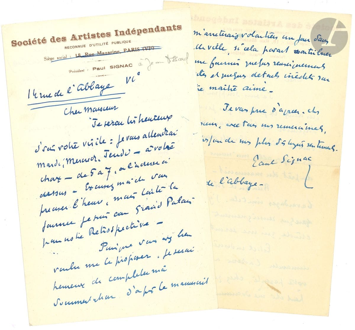 Paul SIGNAC (1863-1935). 3 L.A.S., 1926 et s.d., à Jean Dissard ; 6 pages in-8 à en-tête de la Société des Artistes Indépendants.


 Au sujet de la documentation pour son travail sur Jongkind, le prêt d'un manuscrit, et l'acquisition de dessins de Jongkind (Jean Dissard était le mari de Marie Fesser, amie de Jongkind).
 On joint 2 lettres relatives à l'exposition Jongkind à La Haye en 1930.