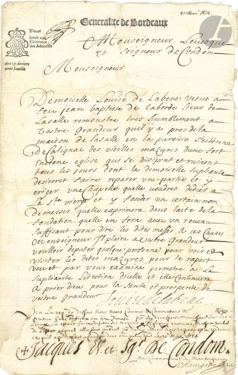 GASCOGNE. 14 lettres ou pièces, XVIIe-XVIIIe s. (quelques défauts).


 Lettres ou pièces des évêques de Condom : Antoine de Cous (1636, l.a.s. à Mlle de La Borde à Nérac) ; Charles-Louis de Lorraine (1664, p.s., autorisation de sépulture dans l'église de Calignac pour Louise de Labene veuve de Laborde) ; Jacques de Matignon (3 p.s., 1674-1685, concernant l'édification d'une chapelle à Calignac pour la maison noble de La Salle) ; Louis Milon (1.a.s., Cassagne 1708, à Mlle de La Borde à Nérac).
 Lettres ou pièces des curés de Calignac (1684, visite de la chapelle de la Salle), Nérac (1709) et de Fieux (1730) ; de l'abbé prince de Murbach et Lure (1784) ; de Jean Jacoupy, évêque d'Agen (1805), etc.
 On joint un mémoire imprimé, Réponse pour Messire Charles Maurice Dubouzet de Roquepine, Abbé commendataire des Abbayes royales St Nicolas lez Angers & de la Haye des bons Hommes...