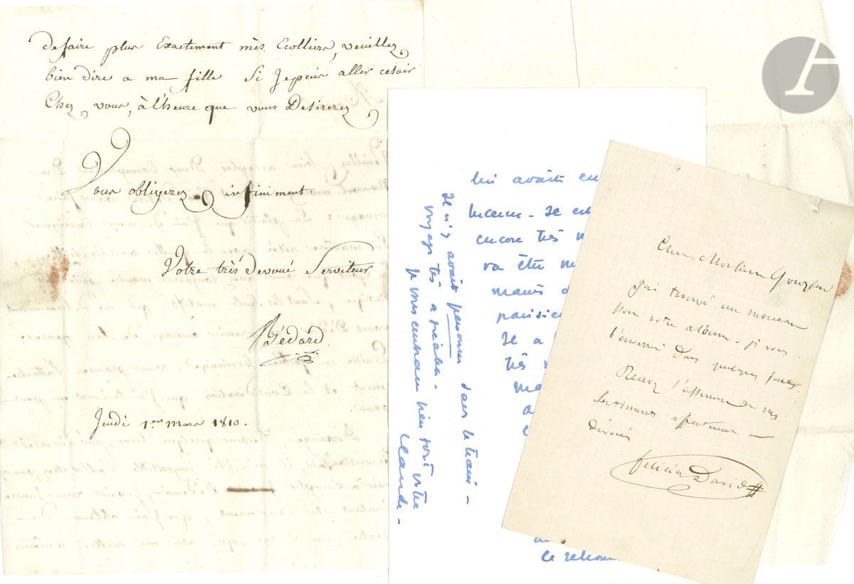 MUSIQUE et SPECTACLE. Environ 65 lettres ou pièces, la plupart L.A.S.


 Claude Arrieu, Jean Autin (4 à Maria Braneze), Jean-Baptiste Bédard (1810 au comte Doria), Guy Berry, Louis Beydts (2), René de Boisdeffre, Emmanuel Bondeville, Jacques Bouhy, Louis Bourgault-Ducoudray, Alfred Bruneau, Gustave Charpentier, Maurice Chevalier, Michel Ciry, Charles Cuvillier, Alfred Dassier, Félicien David (2), Léonce Détroyat (2 à G. Hartmann), Louis Diémer (photo signée),les Frères Jacques, Jean Fournet, Pauline Gueymard, Eugène Guéjol, Reynaldo Hahn (à R. Peter), Meyriane Héglon, Lucienne Hérard, Ferdinand Hérold (plus un billet d'auteur à l'Opéra-comique, 1833, signé), Guy de Kervéguen, Marcel Landowski (2), Charles Lecocq (à R. O'Monroy), Paul Le Flem, Paolo Fratellini, Germaine Lubin, Henri Maréchal, Antoine Marmontel, Jules Massenet (3, et 2 cartes de visite), Giacomo Meyerbeer, Darius Milhaud, Pierre Monteux, Gabriel Montoya, Gustave Nadaud, Jules Pasdeloup, Francis Planté (2), Laurent de Rillé, Roland-Manuel (3), Guy Ropartz, Julien Rousseau, Frans Ruhlmann, Marcel Samuel-Rousseau, Henri Sauguet, Claude Terrasse, Ambroise Thomas, Théodore Valentin (et une vingtaine de lettres de femmes amoureuses), Maurice Verne (ms d'un article sur le music-hall), Pauline Viardot, Charles-Marie Widor.
 On joint 2 mss musicaux de chansons ; un carnet autographe de paroles de chansons (1818-1823, 132 p., dont un Éloge de Béranger) ; une affiche de l'Opéra de Paris (1958) ; des contrats pour des musiciens de cabarets et revues ; etc.