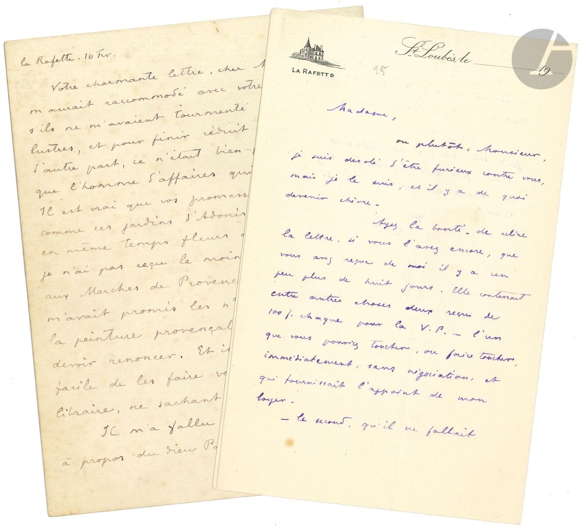 Paul-Jean TOULET. 2 L.A.S. à divers ; 3 pages et demie in-8, et 2 pages e demie in-8 à en-tête de La Rafette.


 La Rafette 16 février, à un éditeur, dont la charmante lettre " m'aurait raccommodé avec votre corporation, s'ils ne m'avaient tourmenté pendant quatre lustres, et pour finir réduit à néant ; si, d'autre part, ce n'était bien plus l'artiste que l'homme d'affaires qui m'avait écrit. Il est vrai que vos promesses ne sont pas comme ces jardins d'Adonis, qui portaient en même temps fleurs et fruits. Car je n'ai pas reçu le moindre livre. Et quant aux Marches de Provence dont M. Carco m'avait promis les nos qui parlaient de la peinture provençale, je crains d'y devoir renoncer "... Il parle de l'affaire du Grand Dieu Pan d'Arthur Machen, et de Mme Karl Boës. Quant à Willy, " je n'en ai pu tirer encore que des gémissements. Il se peut que cette vieille ficelle vous écrive sans me prévenir ", et il le met en garde. " Je pense, au moins étant inconnu, qu'il faut alterner une affaire-affaire à une affaire d'art. Quand nous l'aurons faite, je vous parlerai d'un petit livre où j'ai travaillé 15 ans. Ce n'est pas ce qu'on peut appeler un sucre de pomone ; mais si le livre n'est pas blanc, l'affaire le serait au minimum il me semble "... - La Rafette [1905], à " Madame, ou plutôt Monsieur " [Rachilde ?], contre qui il est furieux, " il y a de quoi devenir chèvre ". Il évoque ce qu'il doit toucher de la Vie Parisienne, son besoin d'argent, Mon amie Nane...
 On joint 2 L.A.S. sur cartes postales à Sylvain Bonmariage et à Leon Barthou.