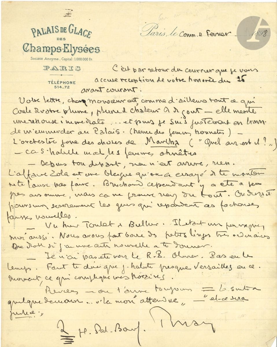 Jean de TINAN. 2 L.A.S., 1898 et s.d., [à Henri Albert ?] ; 1 page in-4 à en-tête Palais de Glace des Champs-Élysées, et 1 page et quart in-8.


 Février 1898. Il répond à sa lettre : " je suis justement en train de m'emmerder au Palais (heure des femmes honnêtes). L'orchestre joue des choses de Martha [...] ça s'habille mal, les femmes ohnêtes. [...] L'affaire Zola est une blague qu'on a essayé de te monter ne te laisse pas faire. [...] Vu hier Toulet à Bullier. Il était un peu vague, moi aussi. Nous avons fait boire des petits linges très ordinaires "... - Il voudrait donner Jeanne Lapale au Supplément, et " m'entendre avec le patron de cet estimable périodique pour une collaboration estivale. (Je ne serais pas fâché de monnayer mon beau talent - et urge que je fasse galette de tout bois, si j'ose dire...) ".....