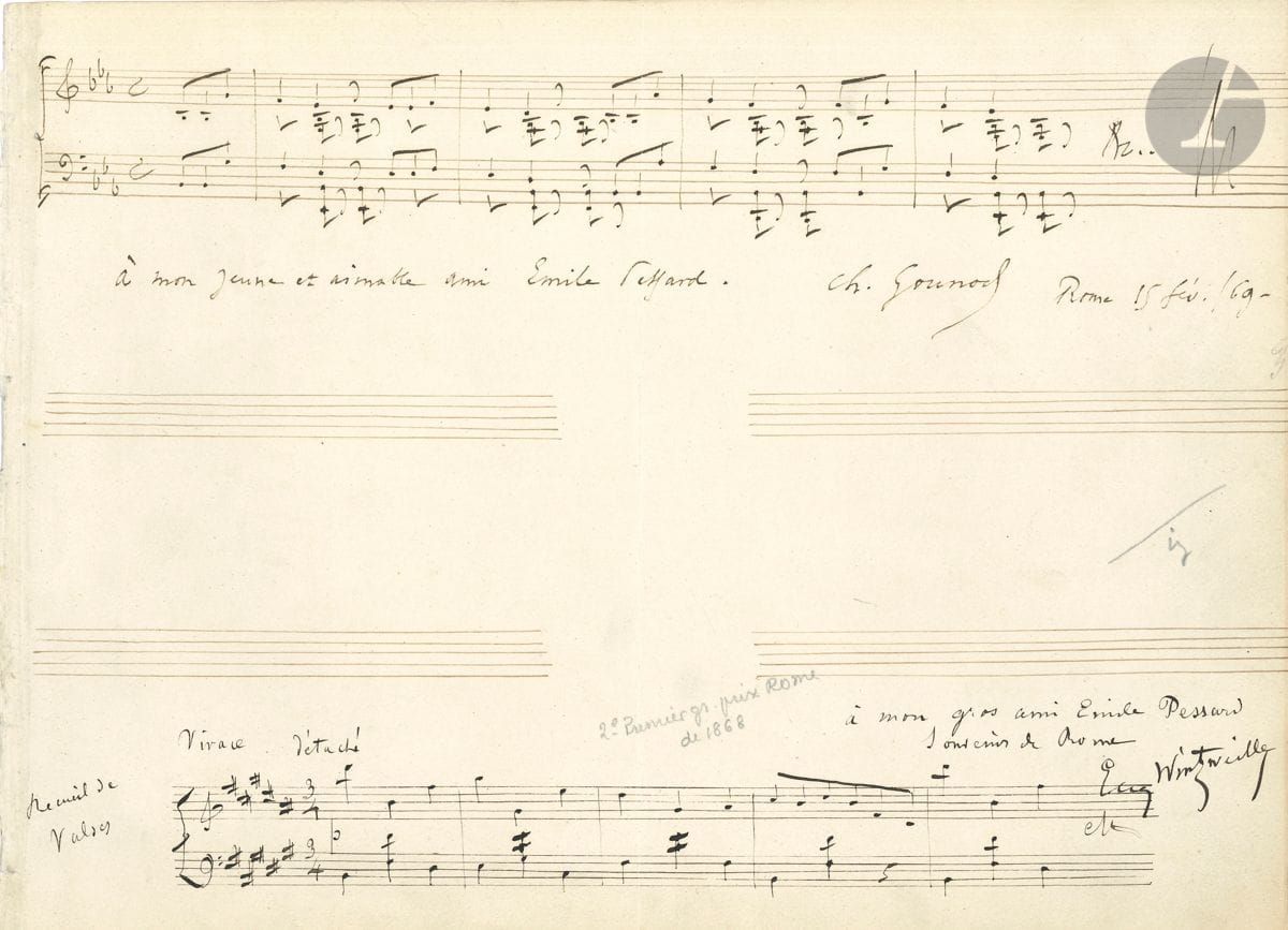 Charles GOUNOD (1818-1893). P.A.S. musicale, Rome 15 février 1869 ; sur 1 page oblong in-4.


 Page d'album pour le musicien Émile Pessard (1843-1917). 5 mesures pour piano en mi bémol majeur à 4/4, avec dédicace : " à mon jeune et aimable ami Émile Pessard Ch. Gounod Rome 15 fév. /69 ".
 Au-dessous, 5 mesures d'une valse pour piano par Eugène Wintzweiller ; et au verso, 13 mesures pour piano " Final de la 1ère Sonate ", Allegro, par Alfred Rabuteau.
 On joint 3 L.A.S. de Gounod : 27 mai 1886, à l'abbé Mangot, curé de Montrichard ; 15 décembre 1888, à Paul-André Franchomme ; à son ami Cabarrus.