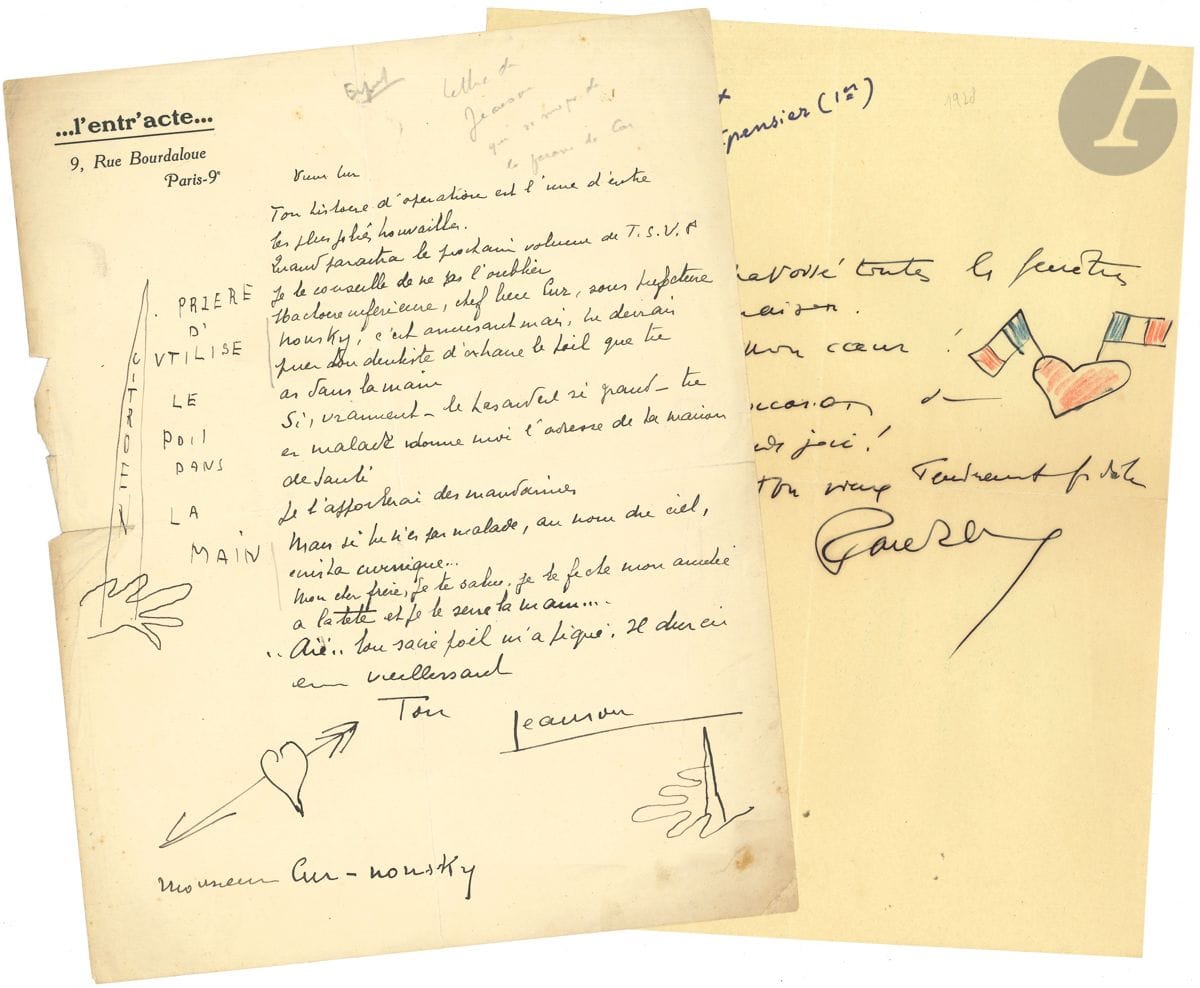 [CURNONSKY]. Environ 180 lettres ou cartes, la plupart L.A.S. à lui adressées, 1883-1954.


 Importante correspondance reçue par Curnonsky ; il y est souvent question de Pierre Louÿs, Paul-Jean Toulet et Willy, et de gastronomie.
 19 lettres de son père Edmond Sailland (1880-1909, plus une réponse de Maurice) ; amis de jeunesse, un aumonier ; Gabriel Alphand, Androuet (maître fromager), Maurice d'Auberlieu, Paul Aubry, Vincent Auriol, Harry Baur, René Bazin, Térèse Blondel (6), Dominique Bonnaud, L. Boucher, Joseph Bourdel (de Plon, secours pour Willy en 1928), René Boylesve, Rodolphe Bringer, Dr Cabanès, Charles Carrington, Carlos de Castéra (3), J. Chasle Pavie, Romain Coolus, Georges Courteline, Édouard Deverin, Marcel Dorin (et les Rôtisseurs), Gabrielle Dorziat, Henri Duvernois, Paul Fort, Maurice Garçon, Roger Giron, Charles Gouzée, Jacques Hébertot (2), André Heymann (Le Cycle et la Revue des Sports), Ludovic Halévy, B. Hubert (5), Henri Jeanson (3, dont une avec dessins, plus faire-part de son mariage), Anatole Jakovsky, Dr Georges Laurens, Pierre H. de La Blanchetai (7), Pierre Labrouche, Léo Larguier (2), Jean Laumond (4), Gabriel de Lautrec, Marc Lefébure, Désiré Lemerre (3), Lugné-Poe, Maurice Magre, Maurice Martin du Gard, Henri Martineau, Henri Mathonnet de Saint-Georges, Georges Milton, Francis de Miomandre, Yves Mirande, Eugène Montfort, Albert Montreuil (au dos de son ex-libris), commandant Noton, Léon Ohnet, Polaire (réponse à une enquête), J. de Poutre (parlant de Colette Toby chien), René Préjelan, Xavier Privas, Paul Reboux (avec dessin), Henri de Régnier,  Rip, Romi, Séverin-Mars, Valentin Tarault (4, une en vers), André Tardieu, Marcelle Tinayre, Alfred Vallette, Pierre Varenne, Pierre Veber, José Vidal, Maurice Yvain, etc.
 On joint des lettres et papiers de famille ; son acte de baptême ; et divers documents (carte d'étudiant, reçus, factures, sommation d'huissier, quittance de loyer, candidateur (en partie autogr.) à la Société des Gens de Lettres, prospectus de l'Académie des Gastronomes, etc.).