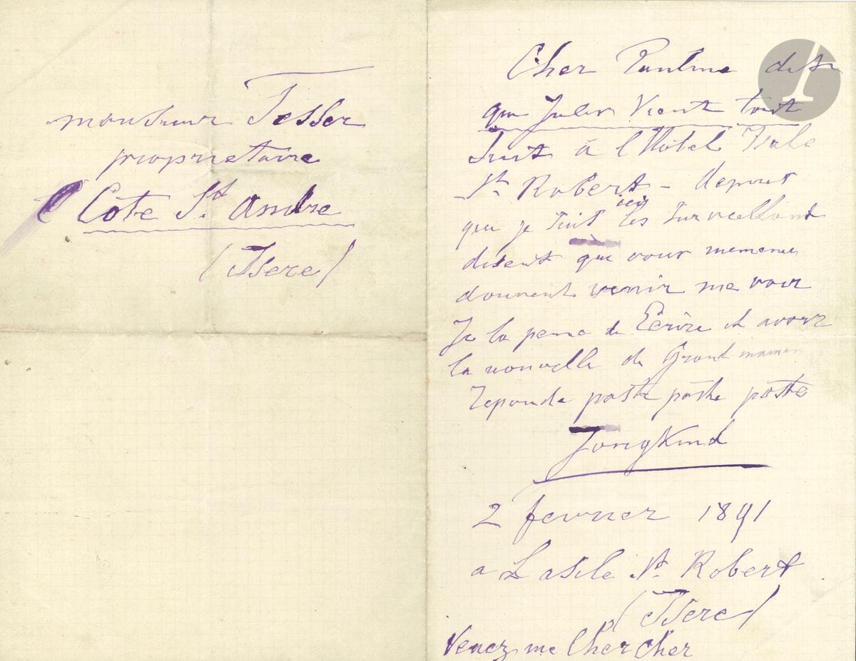 Johann Barthold JONGKIND. L.A.S., [Saint-Égrève] 2 février 1891, à Pauline Fesser à La Côte Saint-André ; 1 page in-8, adresse.

 
 Dernière lettre pathétique à son amie, une semaine avant sa mort ; avec un intéressant ensemble de documents joints.
 " Cher Pauline dis que Julien vient tout suite à l'Hôtel Isale [sic pour Asile] St Robert. Depuis que je suis ici les surveillant disent que vous memener souvent venir me voir. Je la penne de écrire et avoir la nouvelle de Grand maman "....
 On joint : - le faire-part de décès de Jongkind (9 février 1891), au nom de ses amis Fesser ; - une lettre adressée à Jongkind par " un vieil amateur " au sujet du tableau du peintre dans l'exposition des refusés, juin 1873 ; - 2 l.a.s. du marchand de tableaux A. Diot à Mme Fesser, février-mai 1891, déplorant la mort de Jongkind ; - l.a.s. de l'artiste-peintre Couty, Malain 25 avril 1891, après le décès de son ami Jongkind ; - 3 l.a.s. de Jules Bernard, du Musée de peinture et de sculpture de Grenoble, février-mars 1893, à Jules Fesser, au sujet de l'acquisition d'une aquarelle de Jongkind (plus  un modèle de facture) ; - une l.s. du maire de Grenoble, Auguste Gaché, remerciant Jules Fesser du don d'une vue de Grenoble au Musée, 5 mars 1894 ; - 2 l.a.s. de Paul Colin, maire du VIe arrondissement, au sujet de la demande de Jules Fesser de donner le nom de Jongkind à une rue ; - une l.s. d'Albert Kaempfen, directeur des Musées nationaux, remerciant Jules Fesser du don d'une aquarelle de Jongkind, Vue de Paris prise du quai de l'Hôtel de Ville, 27 avril 1894 ; - 2 l.a.s. d'E. Liaud à Jules Fesser au sujet des ventes Jongkind, 28 avril 1899 et 3 décembre 1906 (plus 3 coupures de presse, et 2 cartons d'exposition).