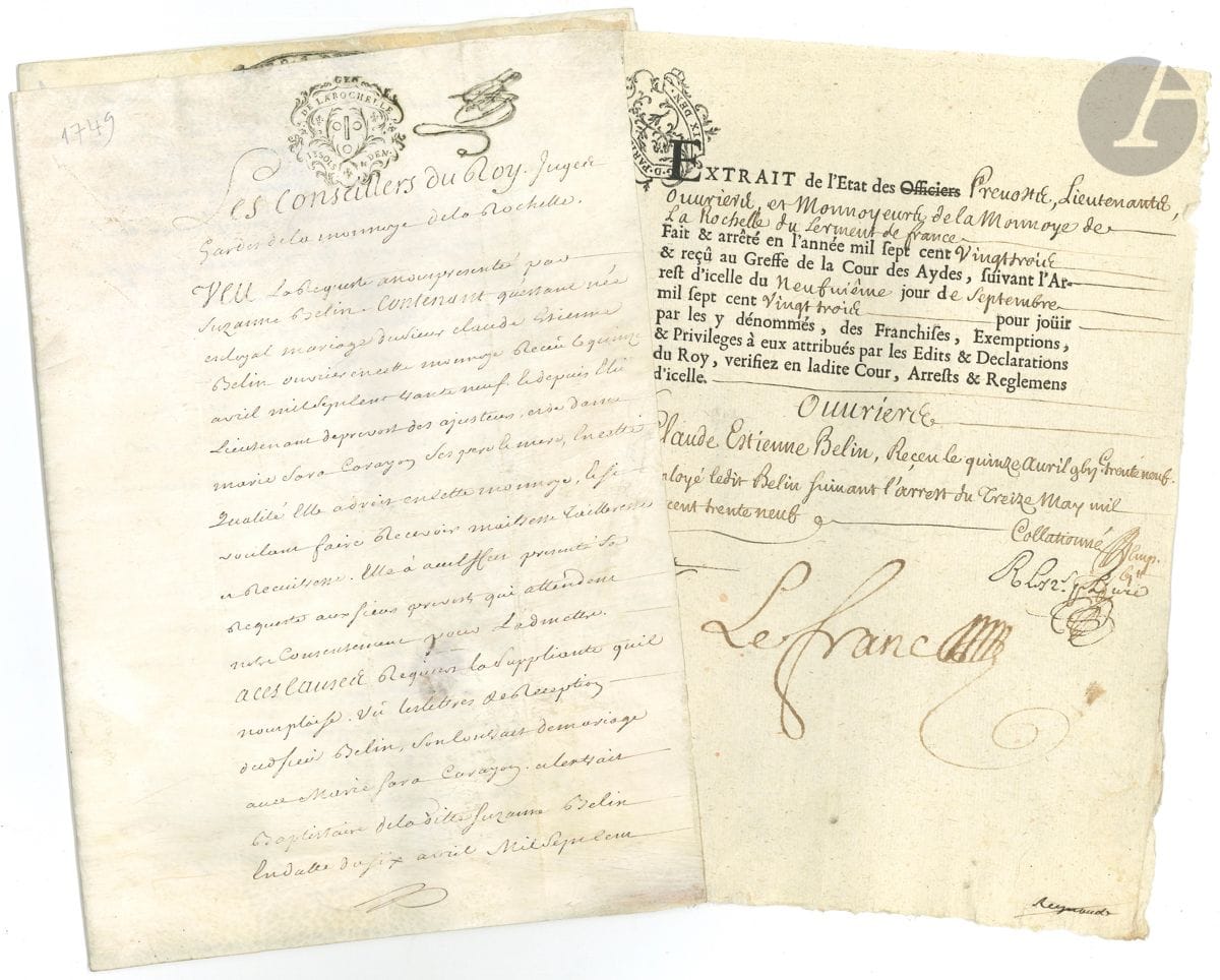 LA ROCHELLE. 5 P.S., 1717-1749 ; 12 pages in-4 dont 3 parchemins.


 Documents concernant les ouvriers de la monnaie de La Rochelle.
