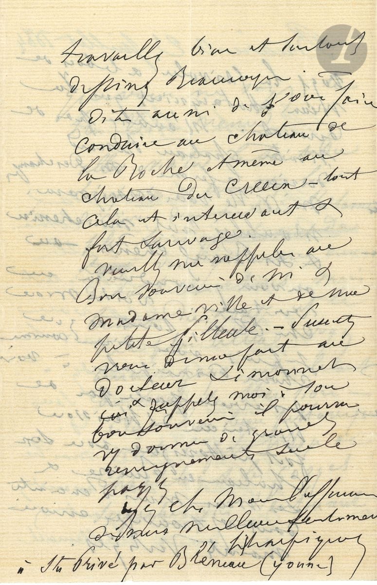 Henri HARPIGNIES (1819-1916). 2 L.A.S., 1884-1910 ; 5 pages in-8.


 Briare 23 juillet 1884, à un élève : conseils pour visiter le Saut du Loup à Hérisson dans l'Allier : " le Saut du Loup est le nec plus ultra " mais il faut aussi visiter " le petit village de Chasteloy et les gorges superbes qui l'entourent ", le château Benard et " l'intérieur d'Hérisson fort pittoresque avec son château en ruine & les vieux murs d'enceinte dont vous trouverez encore maints vestiges. Travaillez bien et surtout dessinez beaucoup "....
 25 mars 1910, à un, ami : " Les bras me tombent à ce que je lis dans le Journal de ce matin. 12 œuvres lacérées dans les salles. Je n'y comprends rien "...