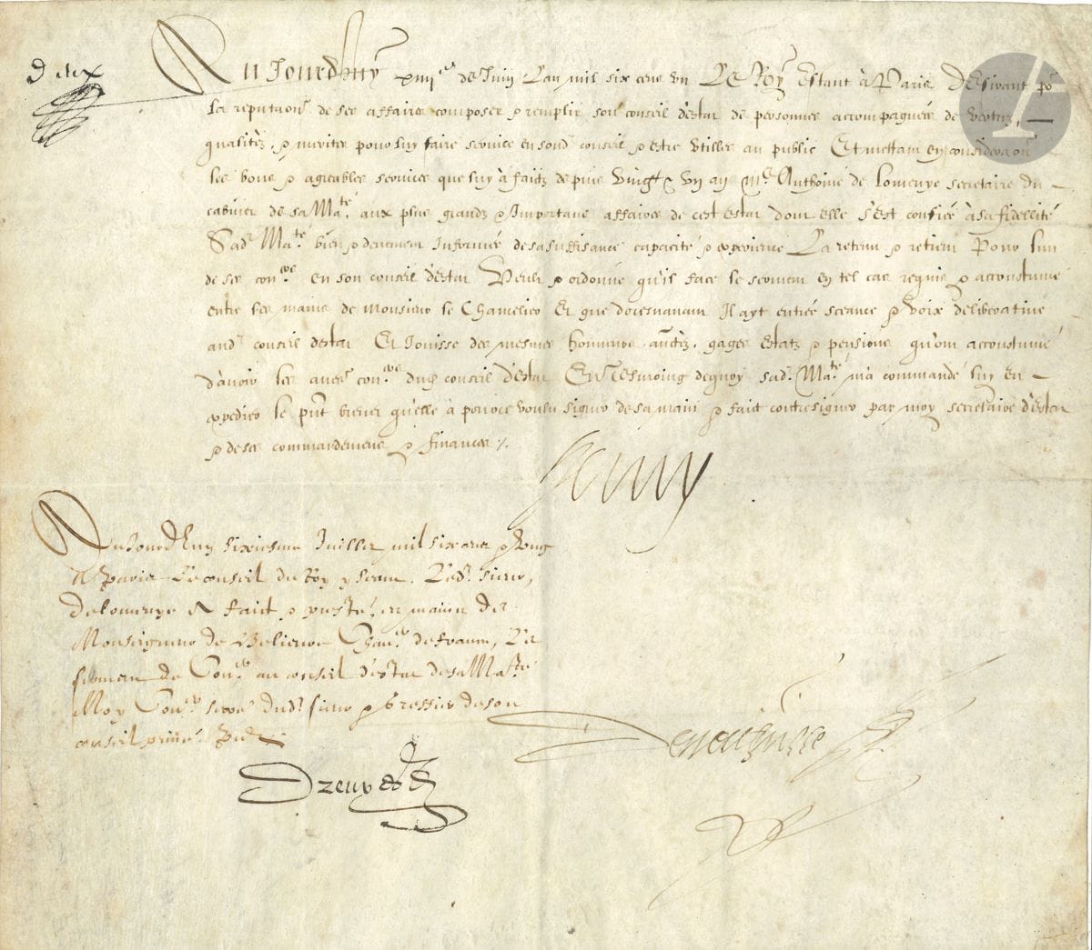HENRI IV (1553-1610). P.S., Paris 14 juin 1601 ; contresignée par De Neufville ; parchemin oblong in-4.


 Brevet de conseiller d'État pour Antoine de Loménie, " secretaire du cabinet de sa Mté "...