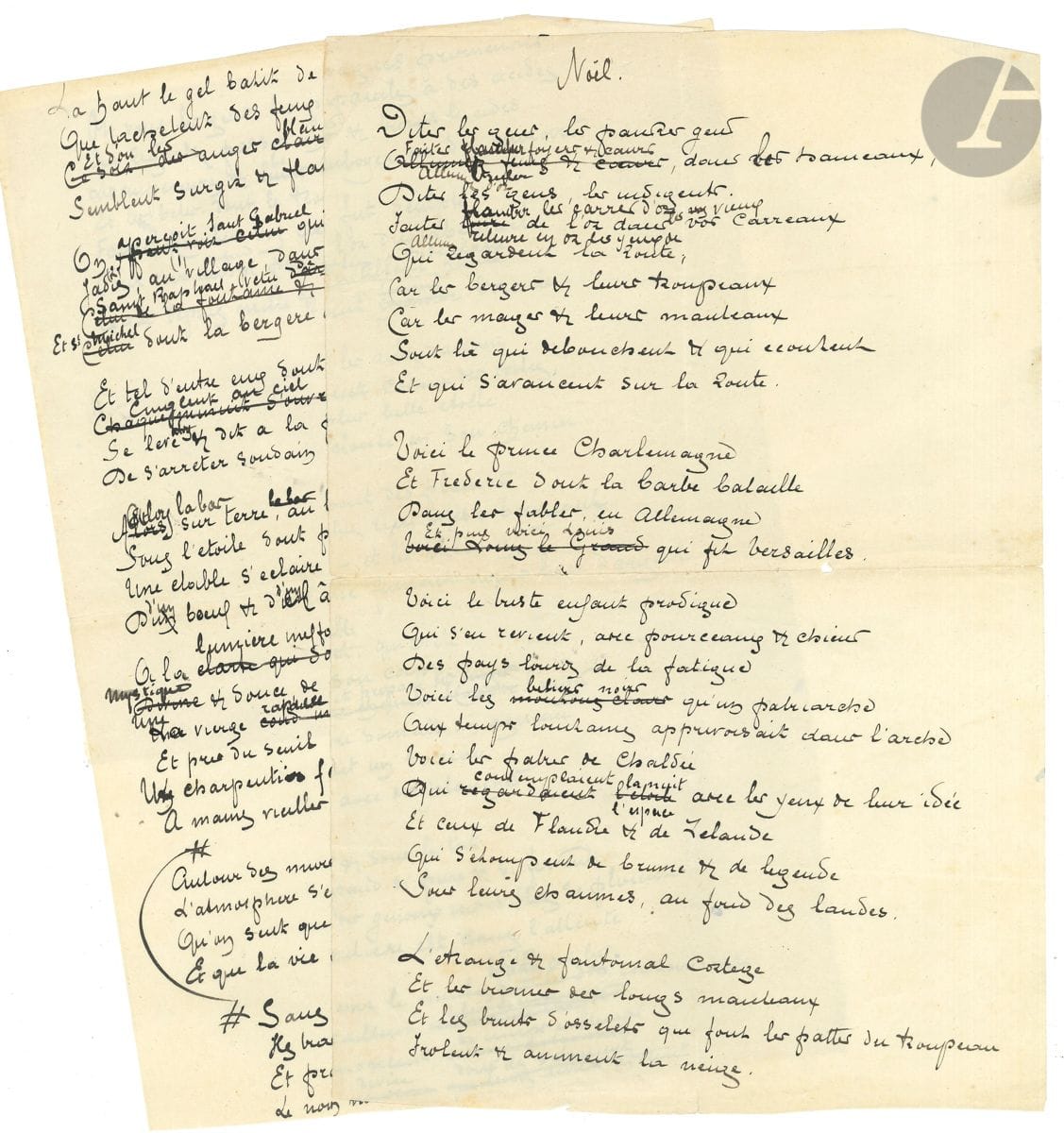 Émile VERHAEREN. Poème autographe signé, Noël, [1899 ?] ; 2 pages et demie in-fol.


 Première version du poème Décembre recueilli dans Les Vignes de ma muraille (1899), dernier poème du recueil.
 Le manuscrit, à l'encre noire, présente d'importantes variantes avec le texte définitif, et est surchargé de ratures et corrections.
                          " Dites les gens, les pauvres gens
                             Faites flamber foyers & cours, dans les hameaux "...