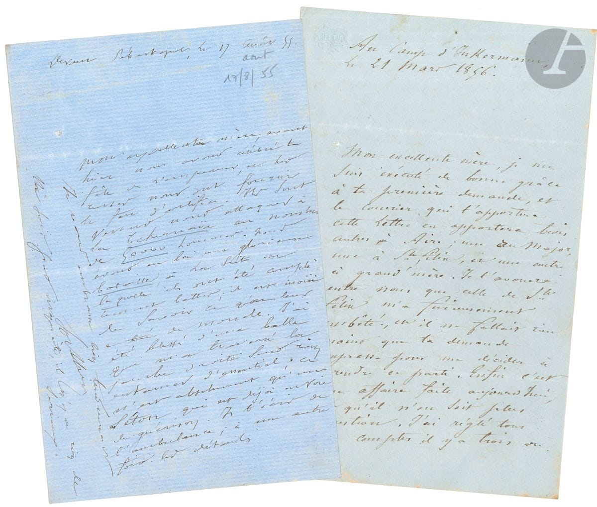 Guerre de CRIMÉE. 10 L.A.S. du capitaine d'infanterie Sosthène MORLAN, juillet 1855-février 1856, à sa famille [à Fargues, par Saint-Sever (Landes)] ; 35 pages in-8.


 Intéressante correspondance, sur la bataille de la Tchernaïa et la fin du siège de Sébastopol. Nous ne pouvons en donner qu'un aperçu.
 Camp de la Tchernaïa 28 juillet 1855 : " les deux armées sont toujours en présence, séparées par la Tchernaïa, et elles s'observent "... Il y a eu une fusillade de peu de durée par les Cosaques. " Le canon tire toute la journée mais à des intervalles assez éloignés encore ; le soir, par exemple, les coups deviennent plus précipités, la fusillade s'en mêle et cela dure une bonne partie de la nuit, en général jusqu'au matin ". Le soir, on fait " des patrouilles aux environs du camp, et je commence à connaître assez bien ce pays : dans la position où nous nous trouvons actuellement et à la distance où s'étendent nos lignes , je dois te dire que nous n'avons absolument rien à craindre ". Ils sont en première ligne devant l'ennemi, mai n'ont à redouter que " quelques maraudes des Cosaques, qui s'ils s'avancent trop seront faits prisonniers. Près du camp se trouve un petit village tartare évacué et dévasté, brûlé en grande partie "... - Devant Sébastopol 17 août : " avant-hier nous avons célébré hier la fête de l'Empereur ", suivie d'un feu d'artifice. " Ils sont venus nous attaquer à la Tchernaïa au nombre de 50000 hommes. Nous avons eu là une glorieuse bataille, à la suite de laquelle ils ont été complètement battus ; il est inouï de savoir ce qu'on leur a tué de monde. J'ai été blessé d'une balle qui m'a traversé la jambe "...
 Malte et Smyrne 17 et 21 février 1856, navigation du retour en attendant l'arrivée à Sébastopol : " Trouverons-nous l'armistice signé ? ". Description de La Valette et de Malte... " Demain nous serons aux Dardanelles "... - Camp d'Inkermann 1er mars. La traversée de la Mer Noire a été bonne ; la neige n'a pas cessé de tomber mais le froid n'est pas trop rigoureux. " L'armistice vient d'être signé, on ne tire plus d'aucuns côtés et le service se fait d'autant plus facilement. Nous attendons des nouvelles de la paix "... - 21 mars. Le froid est toujours très vif ; il ignore si la paix est signée. " L'armistice expire le 31 à minuit, nous n'avons plus que dix jours de repos par conséquent, et si à cette époque il n'est pas arrivé une grande nouvelle, le canon recommencera à tonner comme aux beaux jours "... - 4 avril. Célébration de la naissance du Prince Impérial (programme illustré joint du Théâtre de l'Armée). - 7 avril, avant le départ pour l'Afrique : " la paix à laquelle nous nous attendions vient d'être signée, nous en avons reçu la nouvelle [...] et nous l'avons célébrée par une salve de cent un coups de canon tirée dans toutes nos batteries et répétée par les batteries anglaises et sardes " Visite de Sébastopol ; description des défenses construites par les Russes... - 18 avril. Revue de l'armée russe ; visite du monastère de Saint-Georges. - 20 avril. Préparatifs d'embarquement pour l'Algérie : " je quitte cette malheureuse Crimée où il n'y a plus rien à gagner, que des fièvres ou le typhus "...
 On joint un ensemble d'une centaine de lettres et papiers divers de Sosthène Morlan et de sa famille (1838-1877).