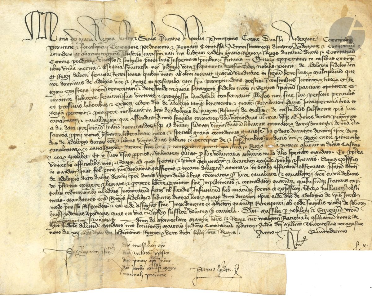 MARIE DE BLOIS (1345-1404) épouse de Louis 1er d'ANJOU, Roi de Sicile et Jérusalem (1339-1384). Charte en son nom, Marseille 12 mai 1399 ; signatures de chancellerie ; vélin oblong in-4 (légères mouillures) ; en latin.


 Comme comtesse de Provence et de Forcalquier, et au nom de son fils Louis II d'Anjou, elle fait concession des droits de cavalcade pour dix ans sur les lieux de Daluis, Puget-Rostang, Castellet, Sausses, en faveur de Pons d'Alais.