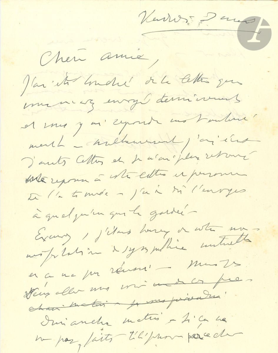 Henri MATISSE (1869-1954). 2 L.A.S., 4 avril et 3 mai 1951, à Mme Thorndike à Nice ; 1 page oblong in-12 (au dos d'une carte postale illustrée Étude pour La crucifixion, Chapelle de Vence), et1 page et demie in-4 avec enveloppe.


 4/4/51. " Chers amis, j'irai vous voir un de ces matins. Votre carte de Pâques m'a beaucoup touché ! Restez en bonne santé ! "... Vendredi 3 mai. Il a répondu à la touchante lettre de sa chère amie instantanément, mais l'a ensuite égarée : " Excusez, j'étais heureux de votre manifestation de sympathie mutuelle et ça ne m'a pas réussi ". Il compte aller la voir dimanche matin, et la prie de saluer Henri...