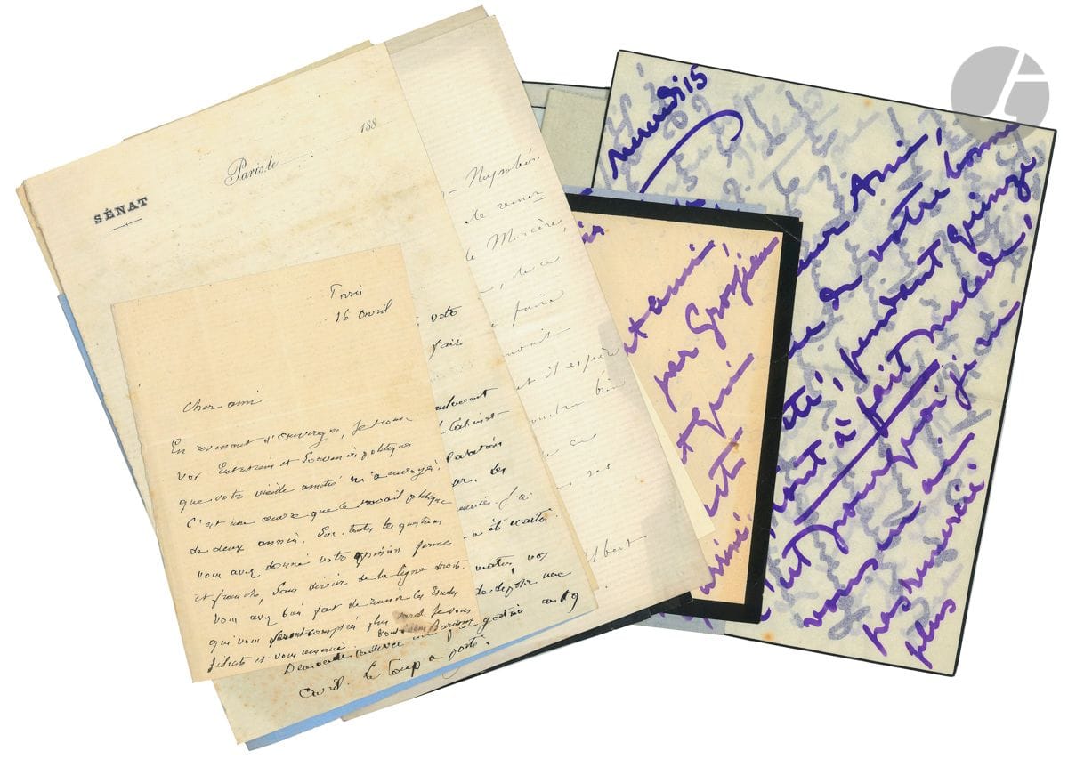 [Émile de MARCÈRE (1828-1918) homme politique, ministre et sénateur]. Environ 327 lettres (la plupart L.A.S.) à lui adressées (quelques-unes à son fils Édouard), vers 1860-1930 (plus de nombreuses cartes de visite).


 Importante correspondance politique, littéraire et artistique. Juliette Adam (15), Jean Aicard (2), Prosper Augouard (évêque du Congo, 2), Agénor Bardoux (2), Maurice Barrès (2), Henri Berge, Alexandre Bétolaud, Albert Billot, gal Jean-Baptiste Billot, gal de Boisdeffre, Pierre-Napoléon Bonaparte (2), cardinal de Bonnechose, Gabriel Bonvalot (9), Henri de Bornier (19), François-Henri de Bourbon, Adolphe Brisson, Jules Cambon, Paul Cambon (7), Sadi Carnot, Casimir-Périer (3), Paul de Cassagnac (3), Emilio Castelar (5), Boni de Castellane, Paul Challemel-Lacour (5), Alfred Chanzy (8), Francis Charmes, Charles Chesnelong, Horace de Choiseul, François Coppée (4), Léon Daudet, Ernest Denormandie, Paul Deschanel (6), Félicie Dosne, Paul Doumer (10), René Doumic, Eugène Duclerc, Jules Dufaure, Henri-Joseph Dugué, Armand Fallières (2), Jules Favre, Frédéric Febvre, Jules Ferry, Charles de Freycinet, Léon Gambetta (3), Émile de Girardin, comte de Guernon-Ranville (2), Antoine Guillemet, J. Guyot de Villeneuve, Gyp (8), Paul Harel (2), Henri Harpignies, Joseph Othenin d'Haussonville (2), J.B. Jauréguiberry, Jules Janssen, Étienne Lamy, Pierre Lanfrey, Gaston La Touche (3), Jean-Pierre Laurens (5), cardinal Lavigerie, Ernest Lavisse (2), Charles Léandre (7), Charles Lepère, Ferdinand de Lesseps, Gustave Le Vavasseur, Patrice de Mac Mahon, Alexandre Millerand (4), Jean-Baptiste Marchand (2), Jules Méline, Alfred Mézières, Lucien Millevoye, comtesse de Mirabeau (sur son " fils Gyp "), Alfred Naquet (2), Oscar de Négrier (7), Édouard Pailleron (11), Armand du Paty de Clam (2), Dr Péan, Hector Pessard, Ernest Picard (2), Georges Picot, Quesnay de Beaurepaire, David Raynal, Joseph Reinach, Léon Renault, Paul de Rémusat, Alexandre Ribot, Louis Ricard (2), cardinal Richard, Henri Rochefort, Raymond de Saint-Vallier, Léon Say (6), Auguste Scheurer-Kestner (plus 2 photos annotées, portraits de son ancêtre la Charlotte de Goethe), Victor Schoelcher, Jules Simon (4), Gabriel Syveton, Talbot, Pierre Véron, William Waddington, Daniel Wilson (2), etc. On joint divers documents (faire-part, coupures de presse, etc.).