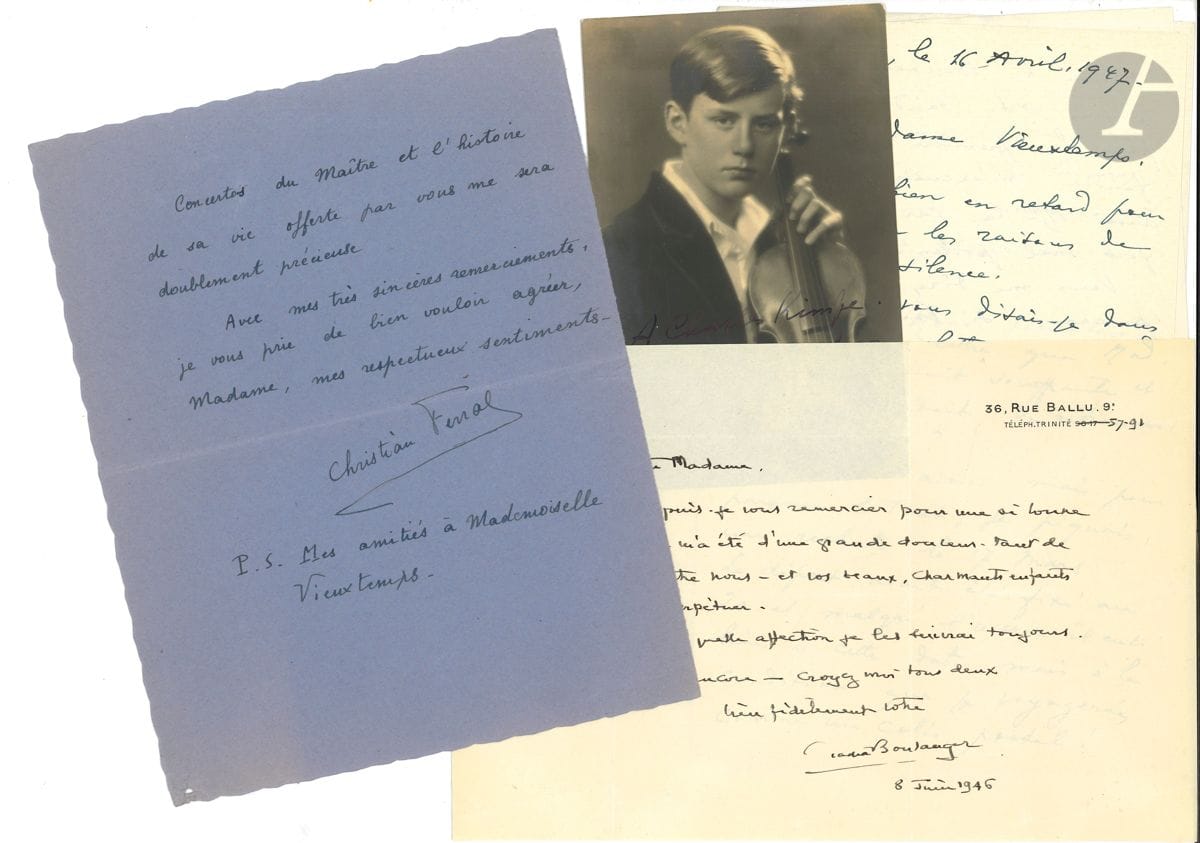 MUSIQUE. 8 L.A.S.


 Nadia BOULANGER (2, 1946-1959, plus carte a.s.), Cécile CHAMINADE, Mathieu CRICKBOOM (3 à M. et Mme Vieuxtemps, 1939-1947), Christian FERRAS (1946, à Mme Vieuxtemps, et carte de vœux a.s.), Élise Yves NAT, Carlo VAN NESTE (photographie dédicacée, 1930).