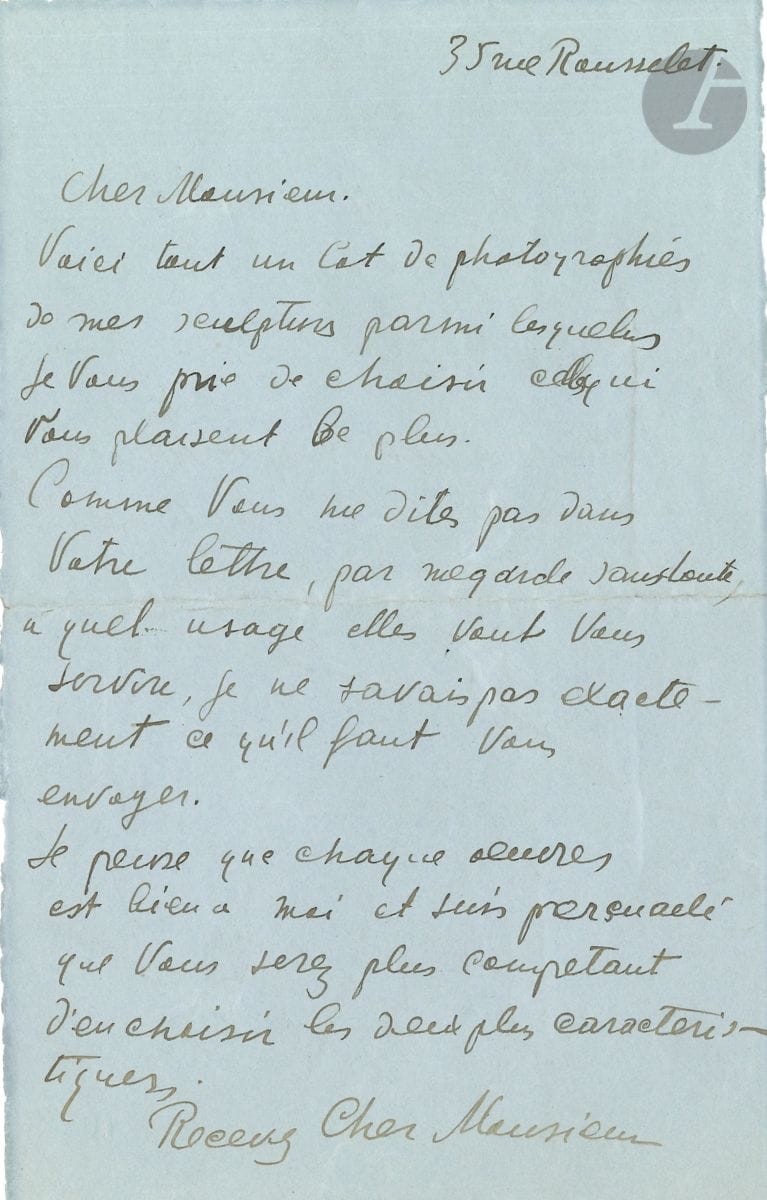 Ossip ZADKINE (1890-1967) L.A.S., [Paris] 35 rue Rousselet [vers 1920], à Christian Zervos ; 1 page et demie in-8.


 Il envoie " tout un lot de photographies de mes sculptures parmi lesquelles je vous prie de choisir celles qui vous plaisent le plus. [...] Je pense que chaque œuvre est bien à moi et suis persuadé que vous serez plus competant d'en choisir les deux plus caractéristiques ". Il tient à sa disposition un album de toutes ses œuvres...