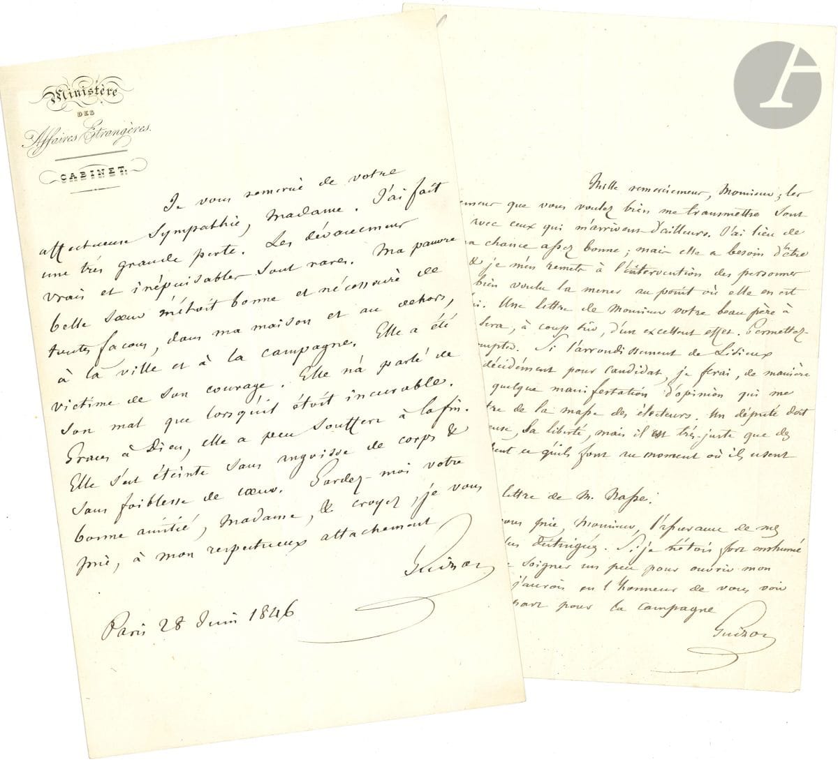 François GUIZOT (1787-1874) historien et homme d'État. 4 L.A.S., 1846-1860 et s.d., à divers ; 3 pages et quart in-8 et 1 page in-12, 2 adresses.


 Lundi matin [1837], à Royer-Collard, sur la maladie de son fils [François (1815-1837), mourra de pleurésie]. - Mercredi 2, au baron Bignon, député de l'Eure, sur sa candidature dans l'arrondissement de Lisieux. - Paris 28 juin 1846, à une dame, sur la mort de sa belle-sœur. - Val Richer 12 novembre 1860, en faveur de son ami le Dr Béhier, candidat à la chaire de pathologie à l'École de médecine. 
 On joint une P.A.S., 18 avril 1828, pour entrer à son cours.