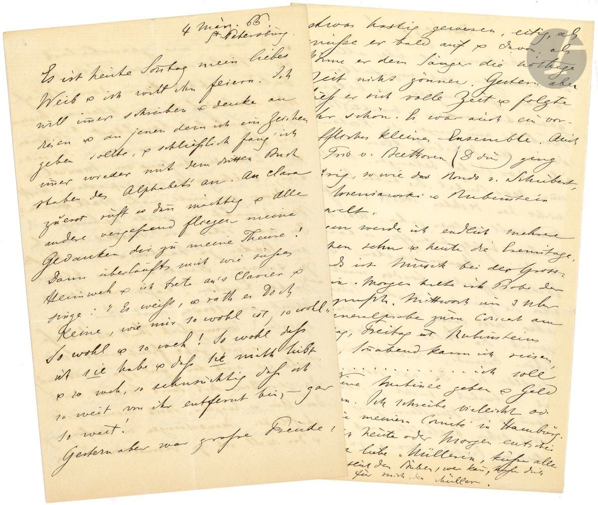 Julius STOCKHAUSEN (1826-1906) célèbre baryton allemand. L.A.S. " den Müller ", Saint-Petersbourg 4 mars 1866, à sa femme ; 6 pages in-8 ; en allemand.


 Tendre et longue lettre racontant la vie musicale à Saint-Petersbourg, et les succès qu'il remporte en Russie. Il donne ses impressions sur la Russie et se félicite d'être Allemand...