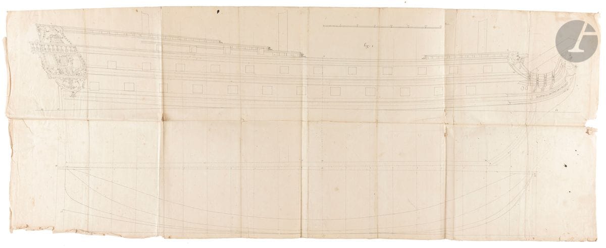 MARINE. Plan manuscrit, fin XVIIe ou début XVIIIe s. ; encre noire sur papier, 47 x 115 cm (plis, certains renforcés au dos, petits trous et légers manques marginaux).


 Plan pour la construction d'un navire.
 Le dessin, avec échelle en pieds, représente le navire de profil, avec proue et poupe décorées, et, au-dessous, la coupe de la coque avec quelques cotes.