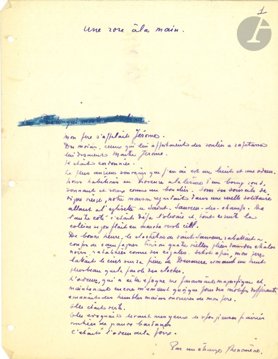 Jean GIONO (1895-1970). Manuscrit autographe, Une rose à la main, 1927 ; titre et 2pages in-4 à l'encre violette (petits trous de classeur).


 Ce texte, daté sur la page de titre " Mars 27 ", complet en soi, est peut-être tout ce qui subsiste d'un projet longtemps médité par Giono, puis abandonné au profit du Grand Troupeau ; souvenirs d'enfance et évocation de la figure du père cordonnier : " Mon père s'appelait Jérôme. Du moins, ceux qui lui apportaient des souliers à rapetasser lui disaient Maître Jérôme. Il était cordonnier. Le plus ancien souvenir que j'en ai est un bruit et une odeur. Nous habitions en Provence à la lisière d'un bourg rond, sonnant et roux comme un bouclier "... Etc.