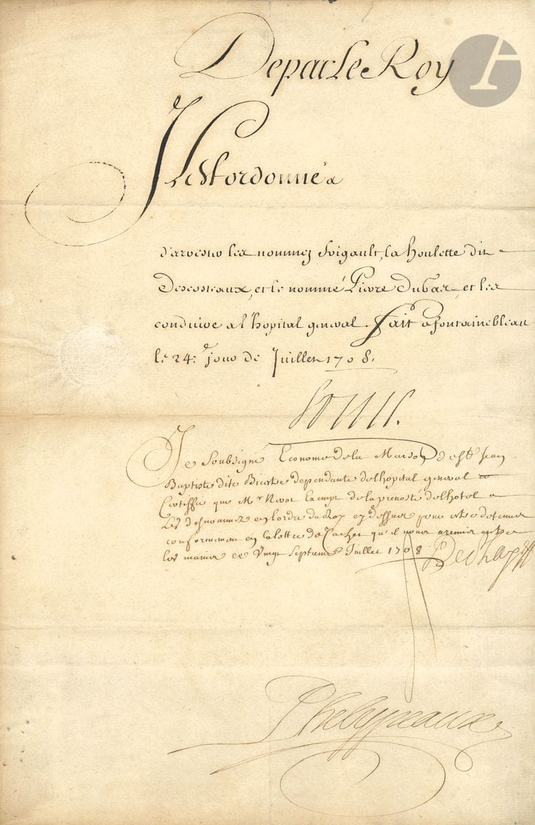 LOUIS XIV. L.S. (secrétaire), Fontainebleau 24 juillet 1708 ; contresignée par Jérôme Phélypeaux ; 1 page in-fol., sceau aux armes sous papier.


 Lettre de cachet. " Il est ordonné d'arrester les nommez Frigault, la Houlette dit Descosteaux, et le nommé Pierre Dugas, et les conduire a l'hopital general ". Apostille de l'économe de " la Maison de St Jean Baptiste dite Bicestre dependant de l'hopital general " reconnaissant avoir reçu les trois marins.