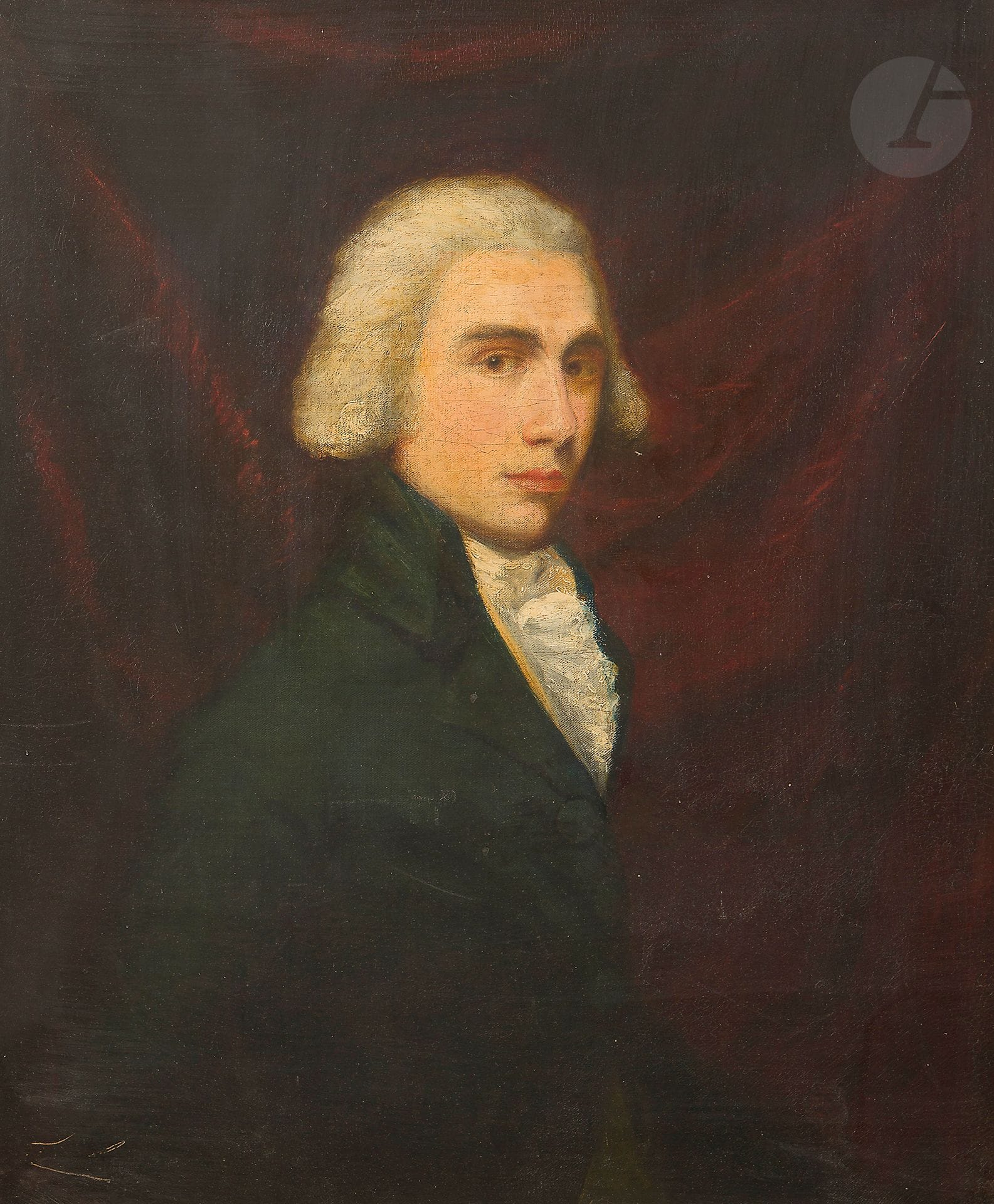 École anglaise vers 1800
Portrait d'homme au col de dentelle
Toile
75 x 63 cm
Porte une étiquette en bas à droite sur le cadre " 32 "
Porte une ancienne attribution à Beechey