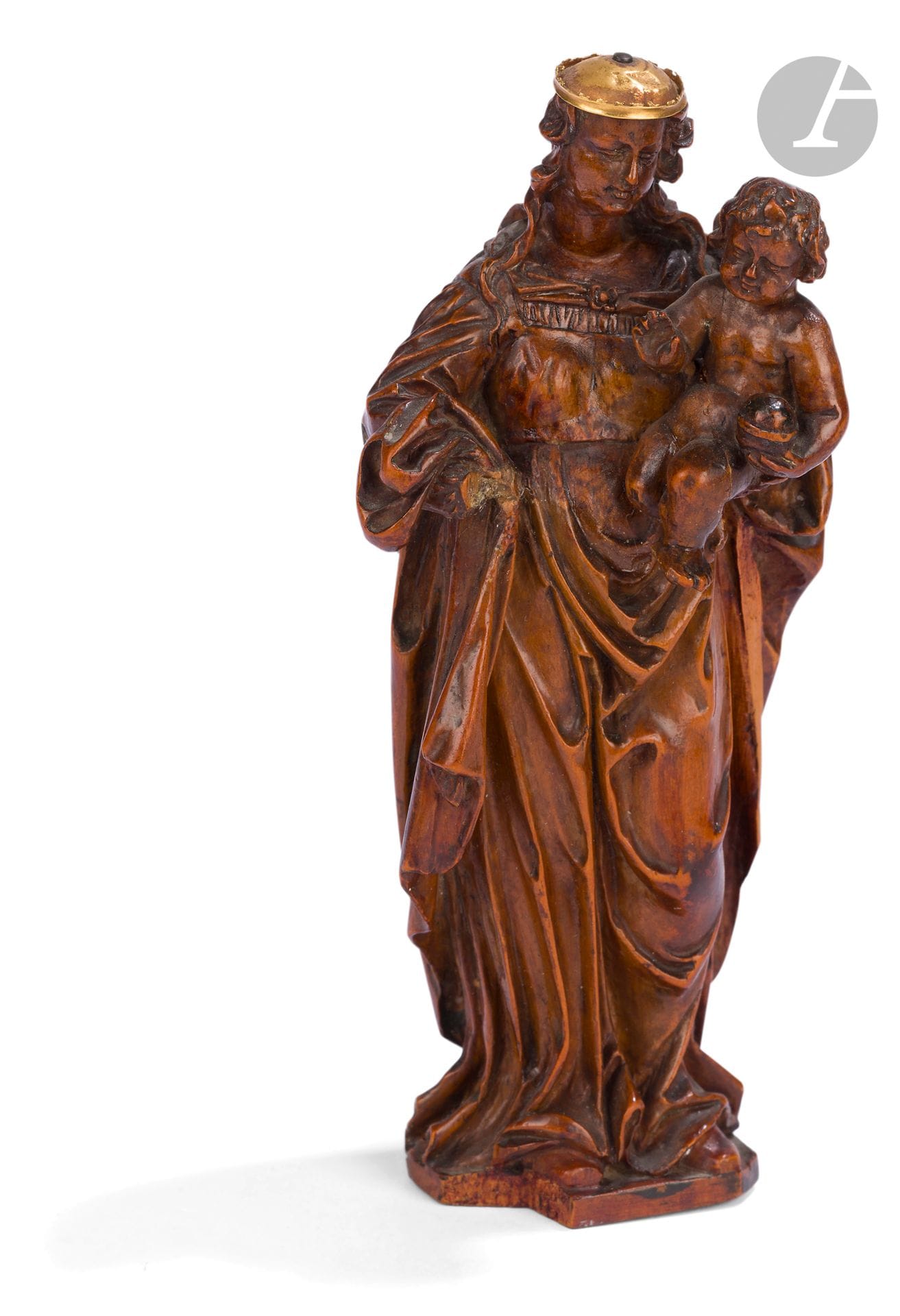 Vierge à l'Enfant en buis sculpté en ronde-bosse
Flandres, XVIIe siècle
H. : 13 cm
(manques visibles, coiffe postérieure en laiton)