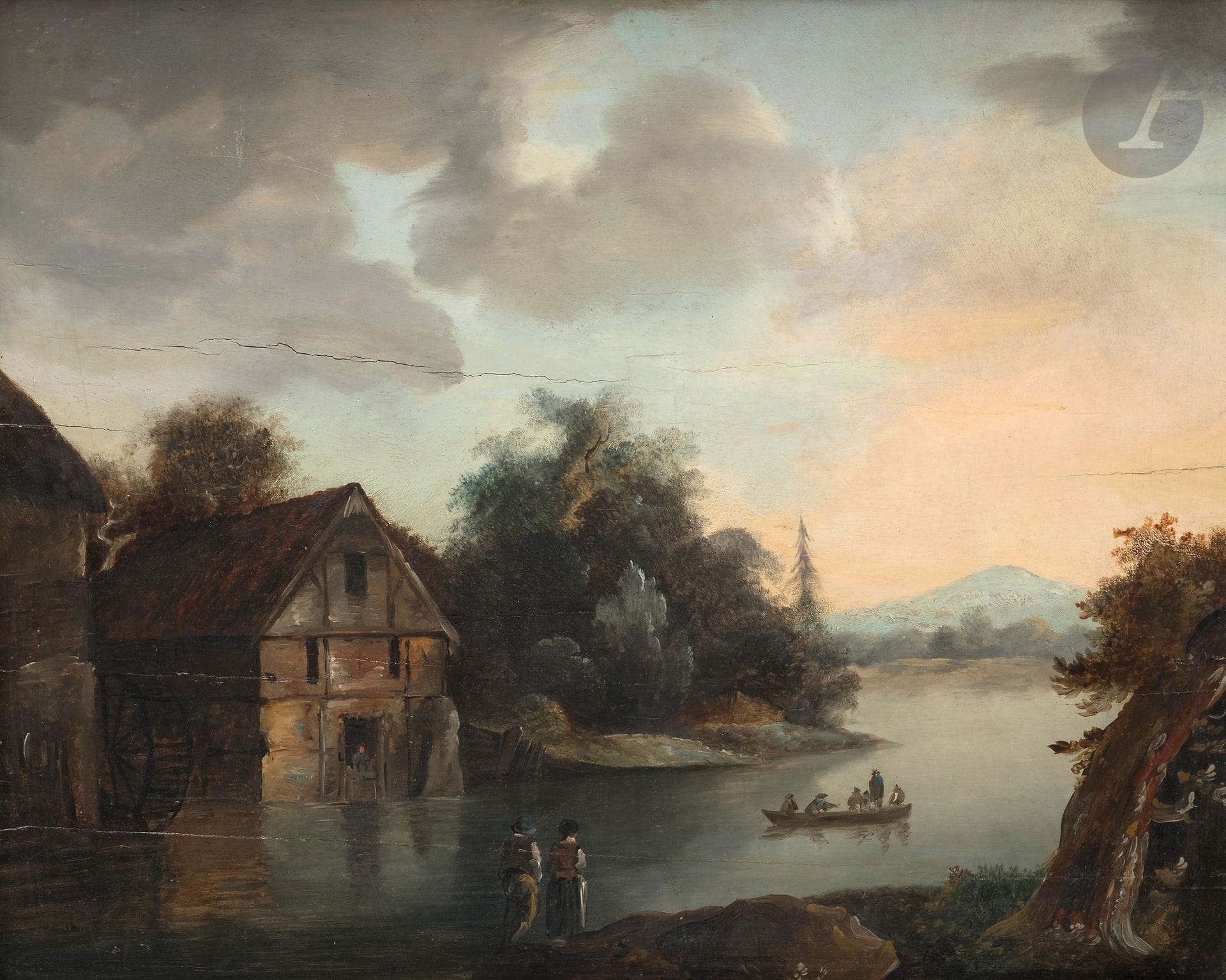 École FRANCAISE du XIXe siècle
Paysage fluvial au pied des montagnes
Panneau peint et renforcé
56 x 46 cm
(Fentes)