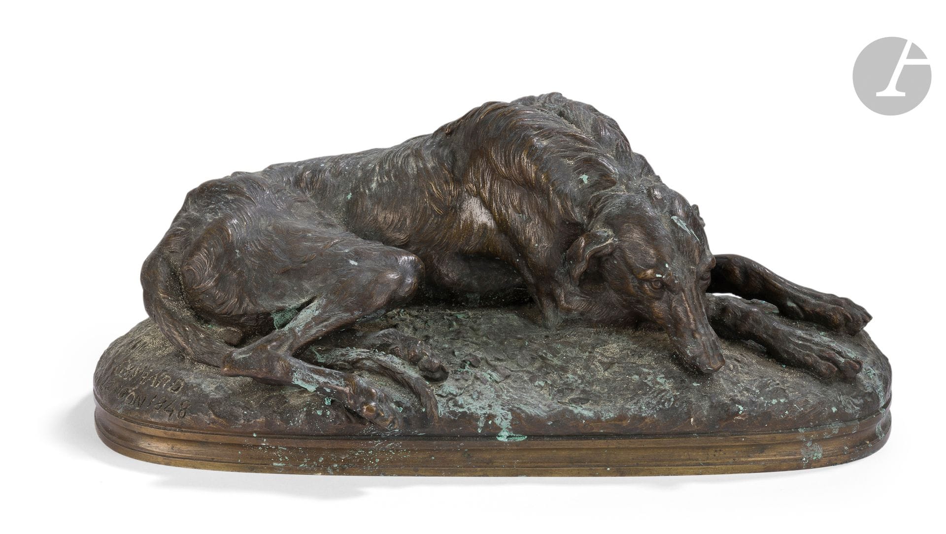 Paul GAYRARD (1807-1855)
A sleeping deerhound, 1848
Proof in patinated bronze.
Signed, dated and located London on the terrace.
H. 13 cm, L. 32 cm
Oxidation.
