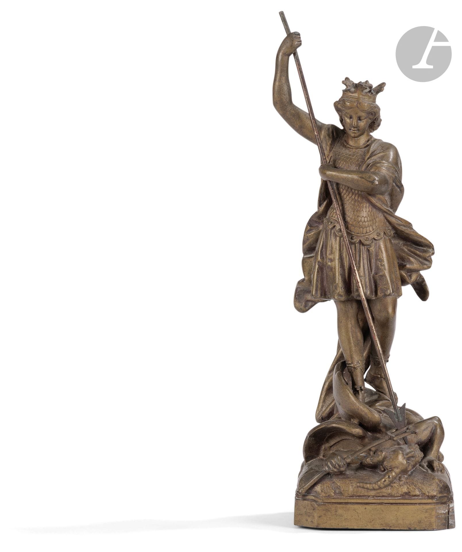 France, 20th century 
Saint Michael slaying the dragon 
Regula figurine 
Inscribed V.M 276 on reverse 
H. 29 cm 
Missing wings