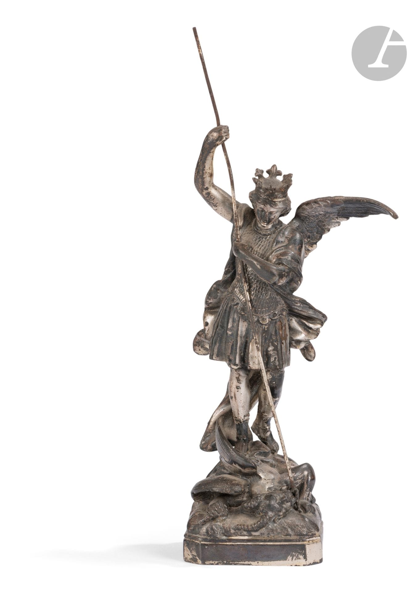 France, 20th century 
Saint Michael slaying the dragon 
Regula group with silver patina 
Inscribed "V.M 276" on reverse 
H. 29 cm 
Missing right wing and trident
