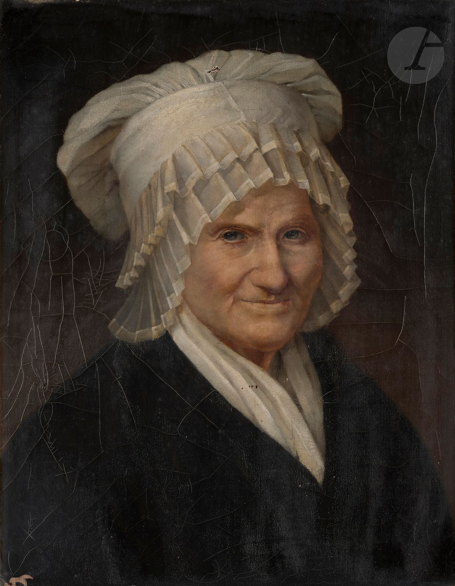 École FRANCAISE du XIXe siècle
Portrait de femme à la coiffe blanche
Toile
44  x 35 cm
(accidents)