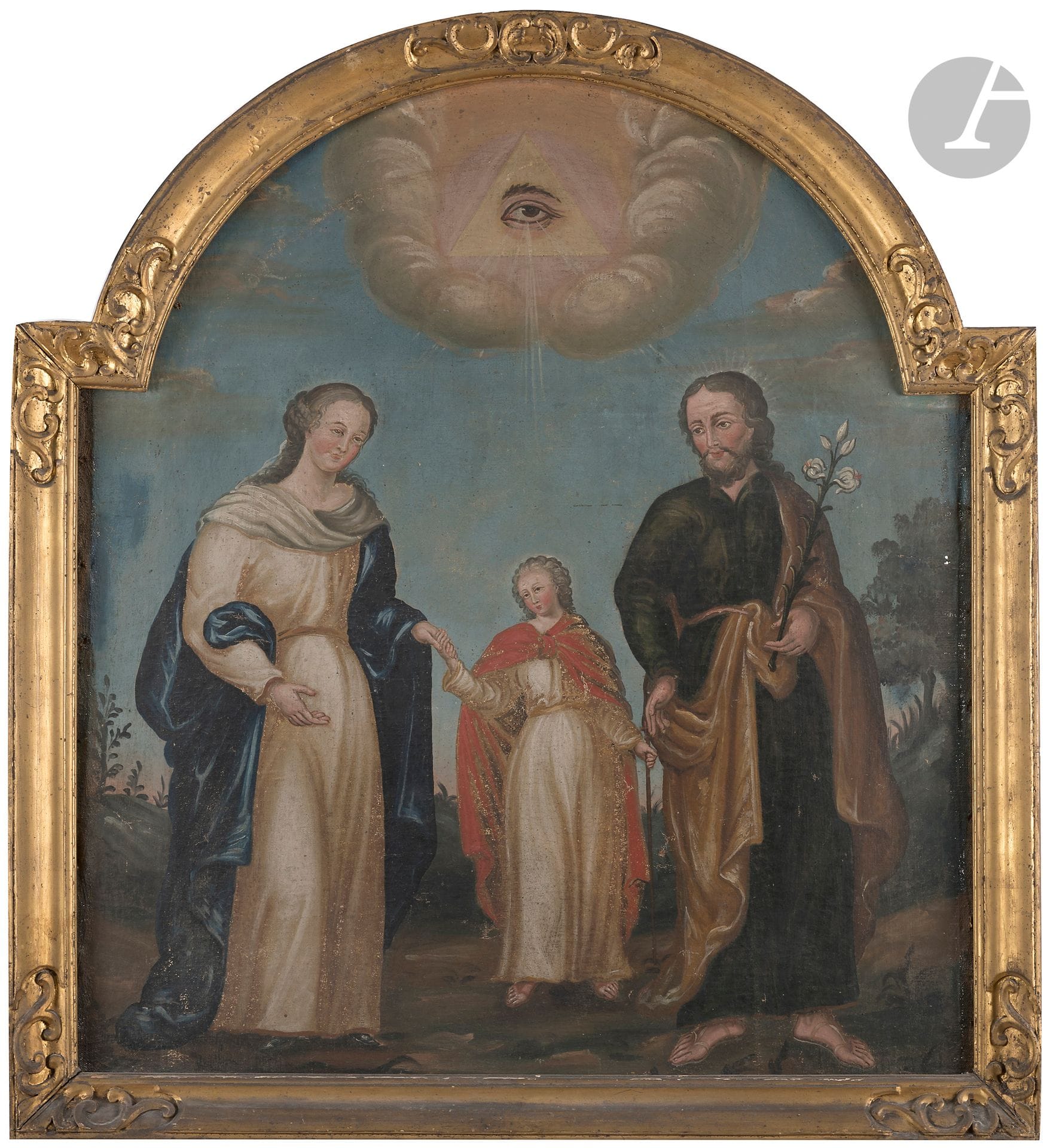École ESPAGNOLE du XVIIe siècle
La sainte Famille
Toile
86 x 76 cm
(Accidents)