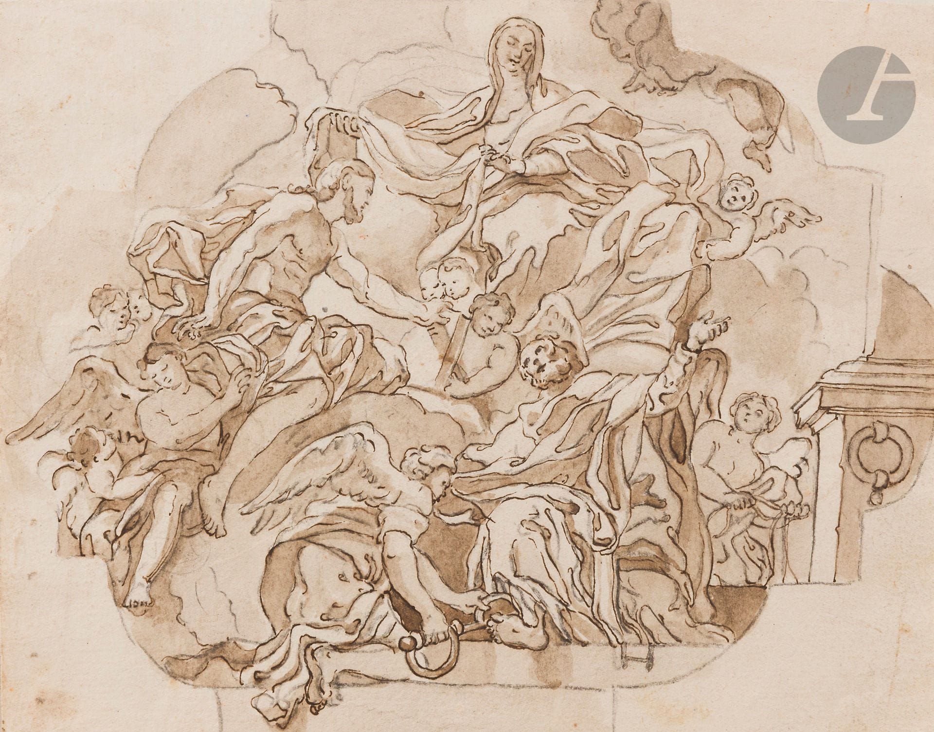 ÉCOLE NAPOLITAINE du XVIIIe siècle Suiveur de Solimena
La Libération de Saint Pierre avec Vision du Christ et la Vierge
Plume, encre brune et lavis brun.
15 x 18,5 cm