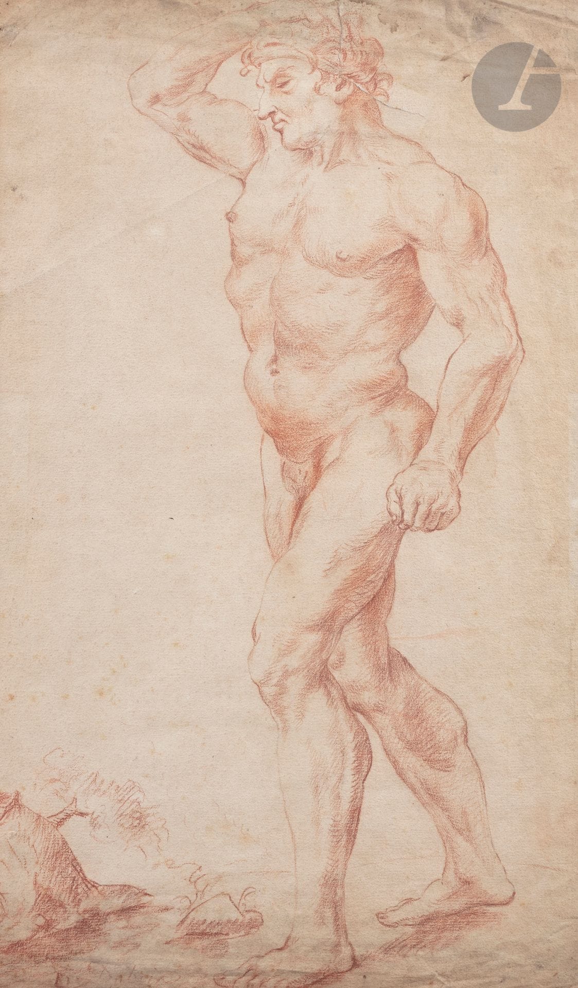 17th century FRENCH COLLECTION
Academy of a Nude Man for an Atlantean
Sanguine.
Signed lower left "dab".
(Folds, small tears on the edges).
43 x 25.5 cm