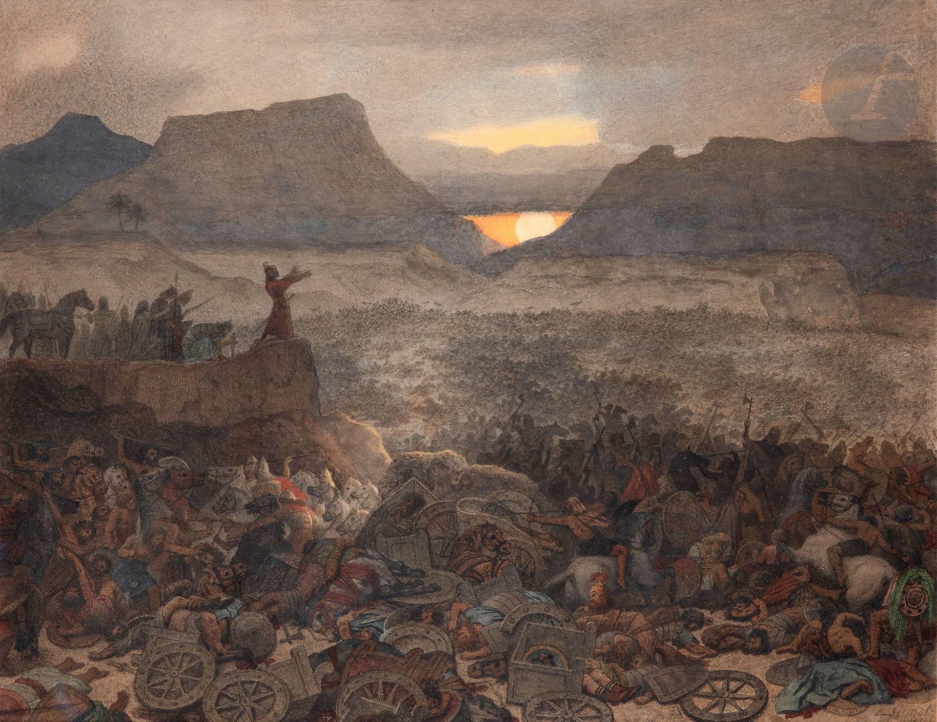 Émile SIGNOL 
(Paris 1804 - Montmorency 1892)
Leonidas et ses trois cents spartiates aux Thermopyles, 1887
Encre et aquarelle.
Signée et datée en bas à droite.
55 x 71 cm

Exposition :  
Paris, Salon des Artistes français, 1887, n°3456.