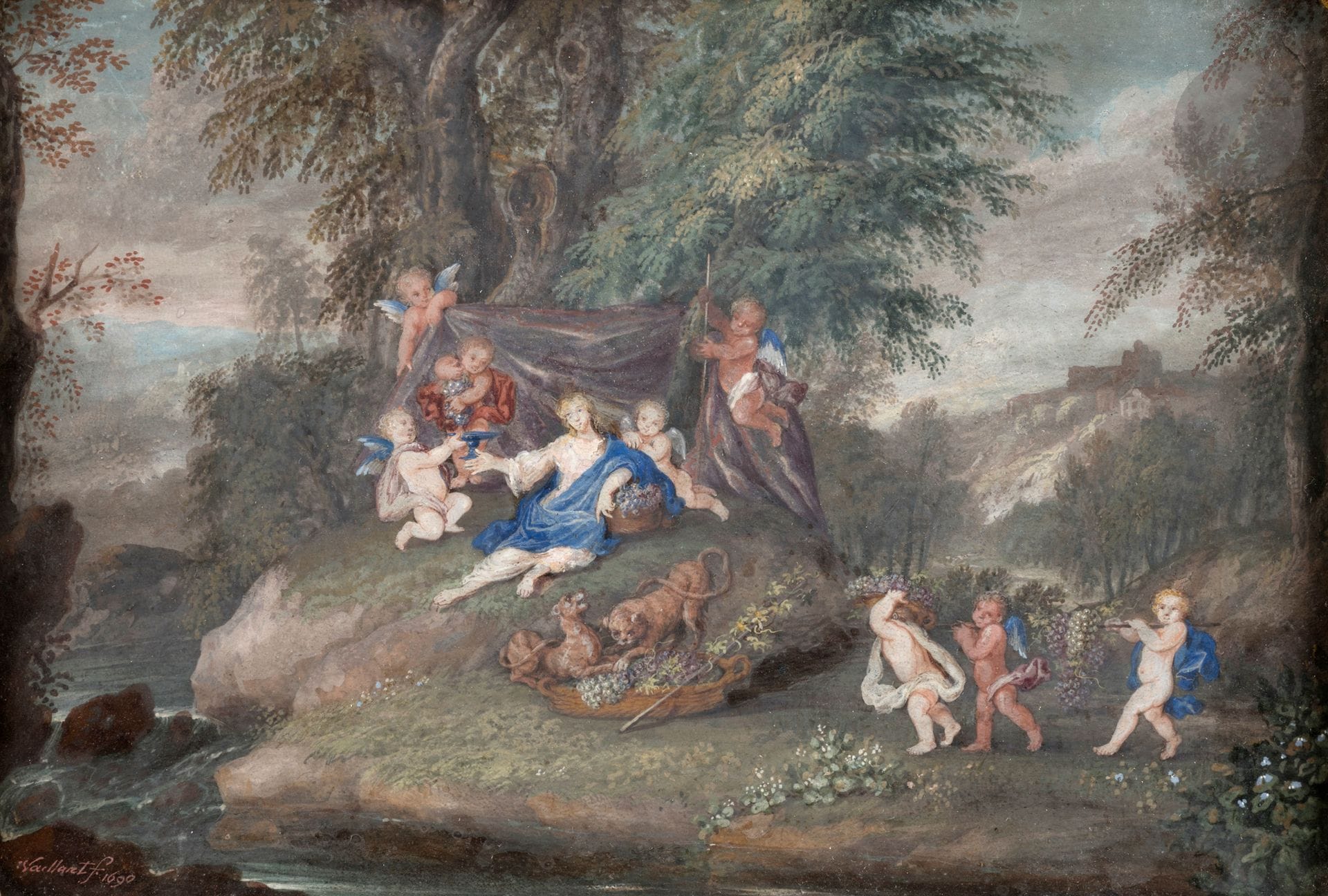 Bernard VAILLANT (Lille 1625 - Leyde 1698)
L’Automne, 1690
Gouache sur vélin montée sur panneau.
Signée et datée.
Dans un cadre ancien en laiton.
18 x 27 cm