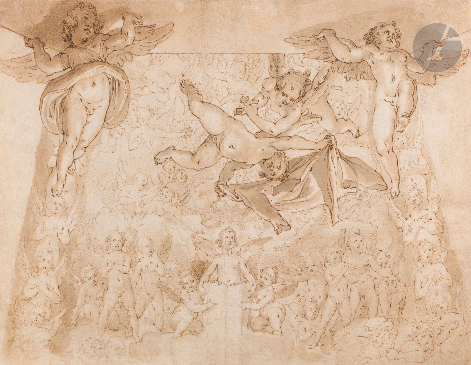 ATELIER DE FEDERICO ZUCCARO
(1542 ou 1543 Sant’Angelo in Vado - 1609) 
Étude en rapport avec un des groupes de la coupole de Florence :  les Anges avec les Instruments de la Passion
Plume encre brune et lavis brun.
(Pliures centrales verticale et horizontale, légèrement insolé, petites taches).
28,5 x 41,5 cm en forme de trapèze