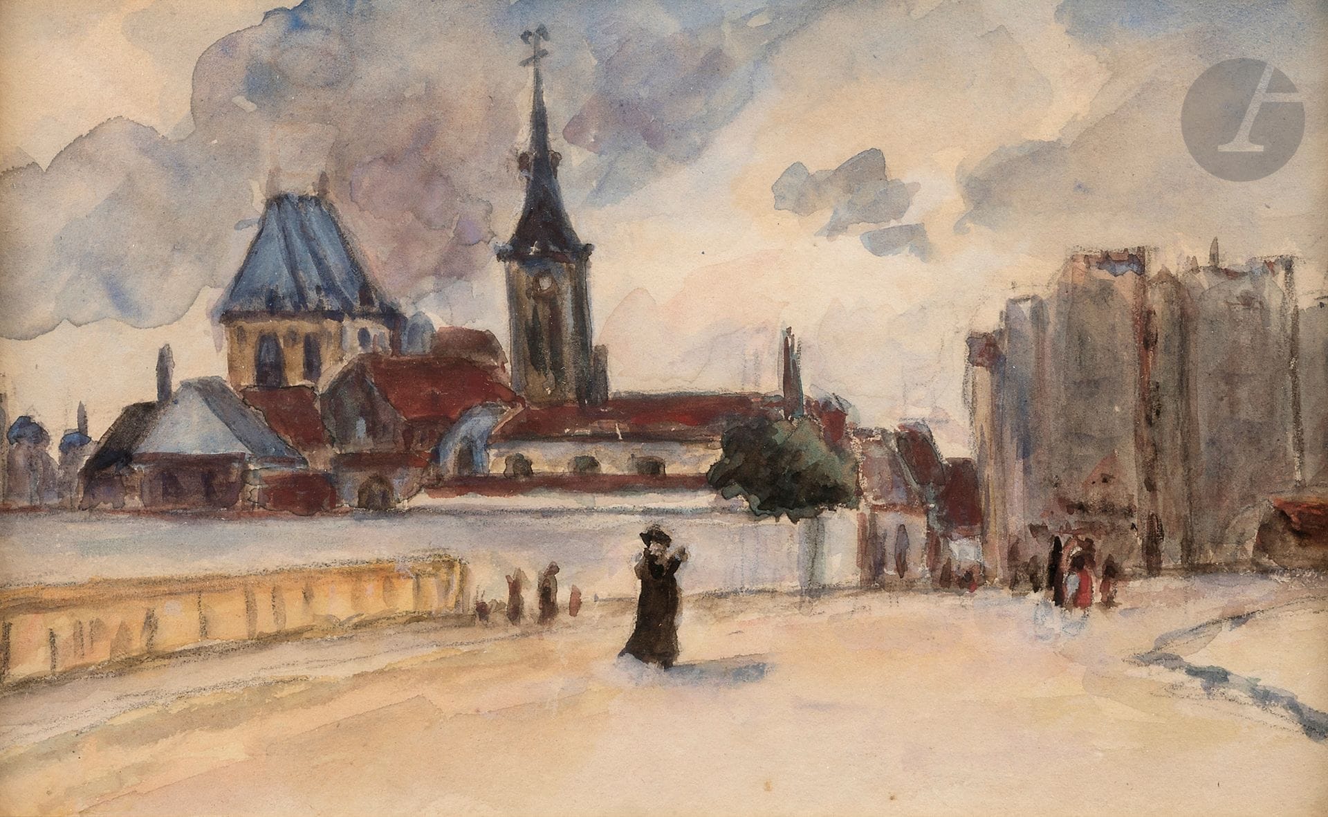 Marie Joséphine FESSER 
(Namur 1819 - La Côte- Saint- André 1891)
Paris, l’église Saint Médard et la rue Mouffetard, 1868
Aquarelle.
Non signée.
11 x 19 cm