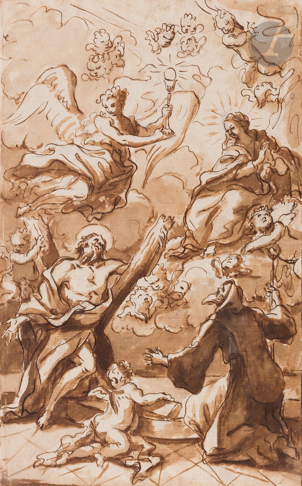 ÉCOLE NAPOLITAINE du XVIIIe siècle
L’Adoration de l’Eucharistie
Plume, encre brune et lavis brun sur traits de crayon noir.
26 x 16,5 cm
