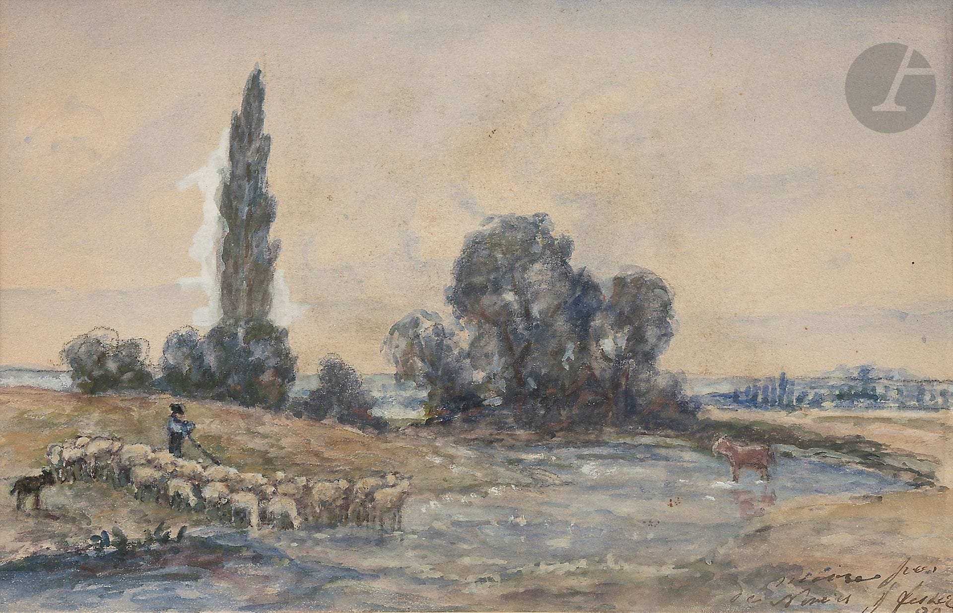 Marie Joséphine FESSER 
(Namur 1819 - La Côte- Saint- André 1891)
Le Troupeau, environs de Nevers, 1889
Aquarelle gouachée.
Signée, datée et située en bas à droite.
(Petites taches).
15 x 24 cm