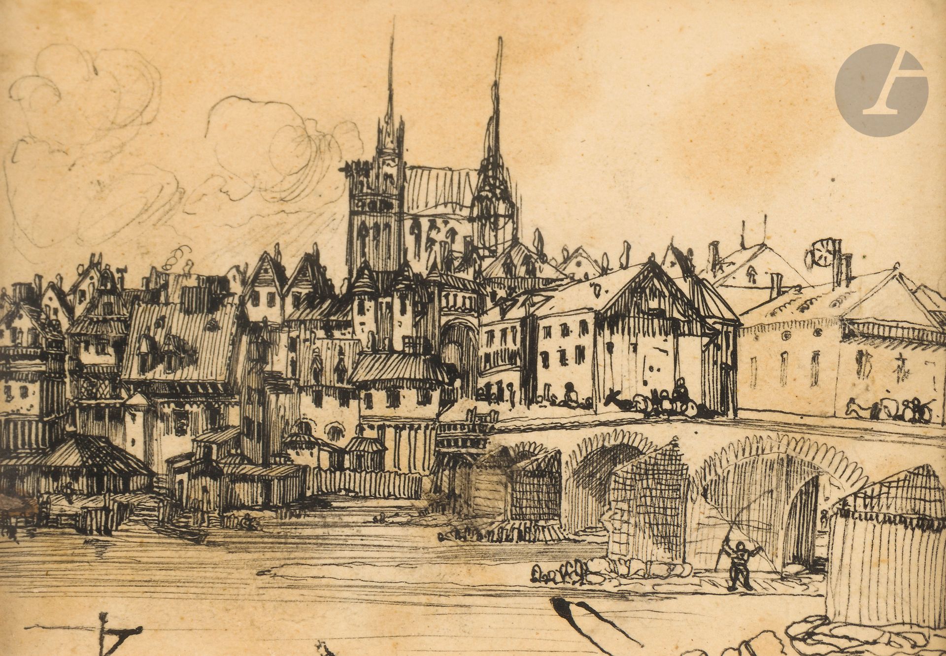 Rodolphe BRESDIN 
(Montrelais 1822- Sèvres 1885)
Town with stone bridge, ca. 1865
Pen and black ink on tracing paper
(Stains and insolation).
8 x 11 cm

Provenance : 
Sale by Me Laurin, Hôtel Drouot, room n°6, Paris, June 16, 1967, n°107.