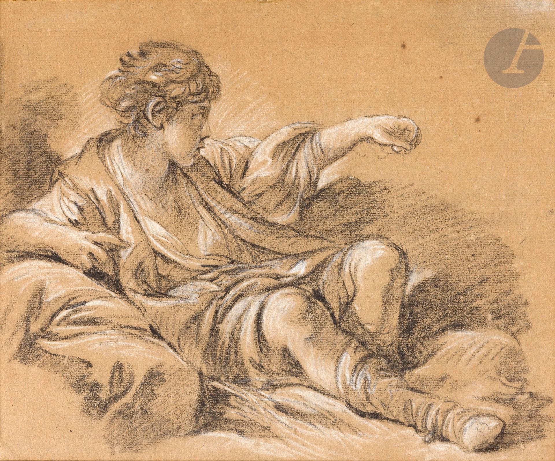 François BOUCHER (Paris 1703 - 1770) 
Enfant assis le bras tendu 
Pierre noire et rehauts de craie blanche sur papier anciennement bleu.
(Insolé, petites taches, petite pliure sur le bord gauche).
23,6 x 29 cm 

On peut rapprocher notre dessin du jeune homme le bras tendu à droite de « La Halte à la source ou le départ du marché » daté de 1765, et conservé à Boston au Museum of Fine Arts.

Nous remercions aimablement M. Alastair Laing de nous avoir confirmé l’authenticité de ce dessin d’après une photographie et pour les informations afférentes.