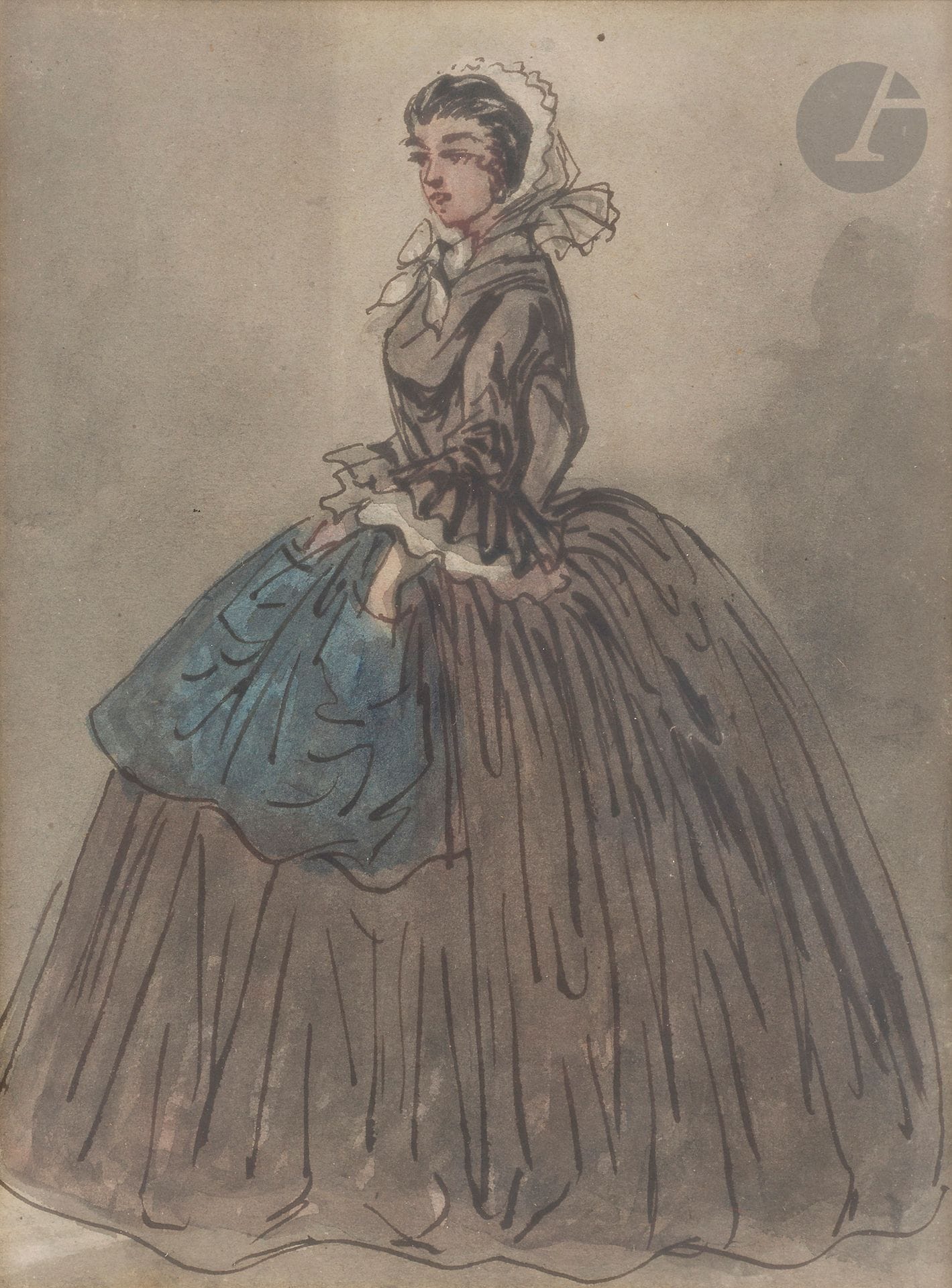 Constantin GUYS 
(Flessingue 1802 - Paris 1892)
Femme au tablier - Élégantes au Bois de Boulogne
2 encres, lavis d’encre et aquarelle.
23 x 17 cm chacune

Provenance :  
- Vente Me Audap, Hôtel Drouot, Salle n°10, Paris, 5 mai 1971, n°105, reproduit au catalogue.
- Collection de Monsieur G., Paris.